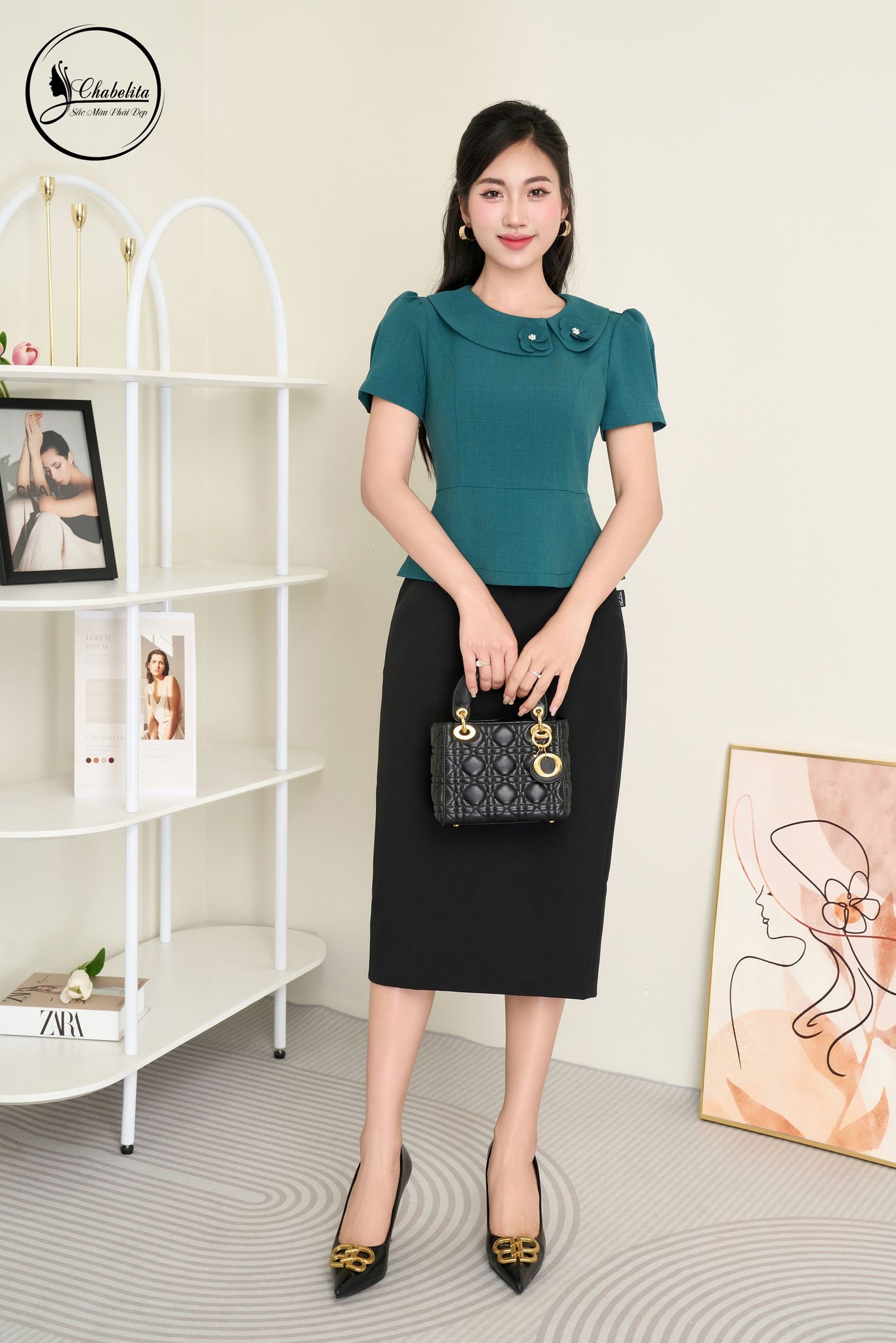 Áo sơ mi cổ phối màu xanh