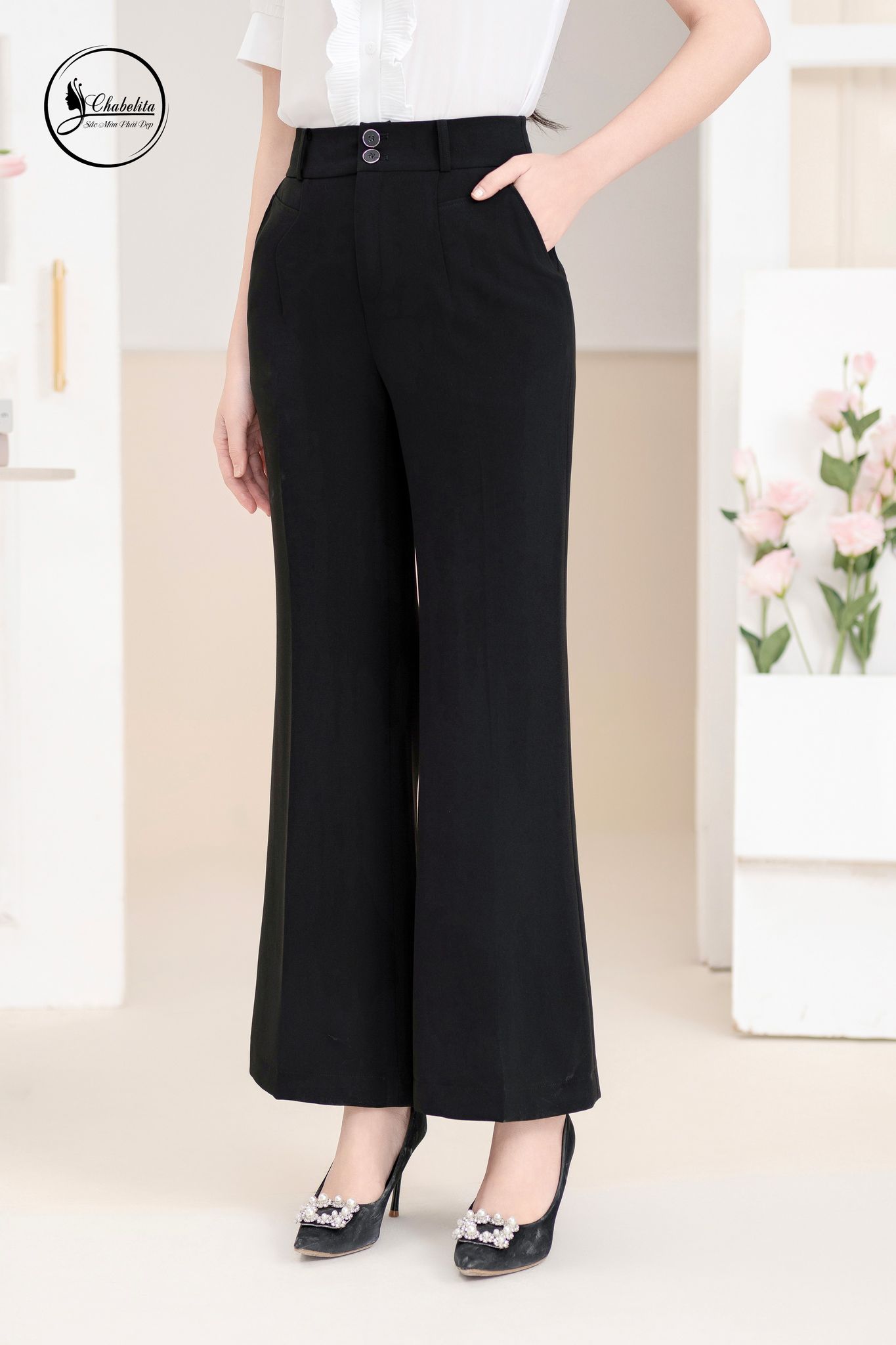 Quần ống vẩy 2 cúc màu đen