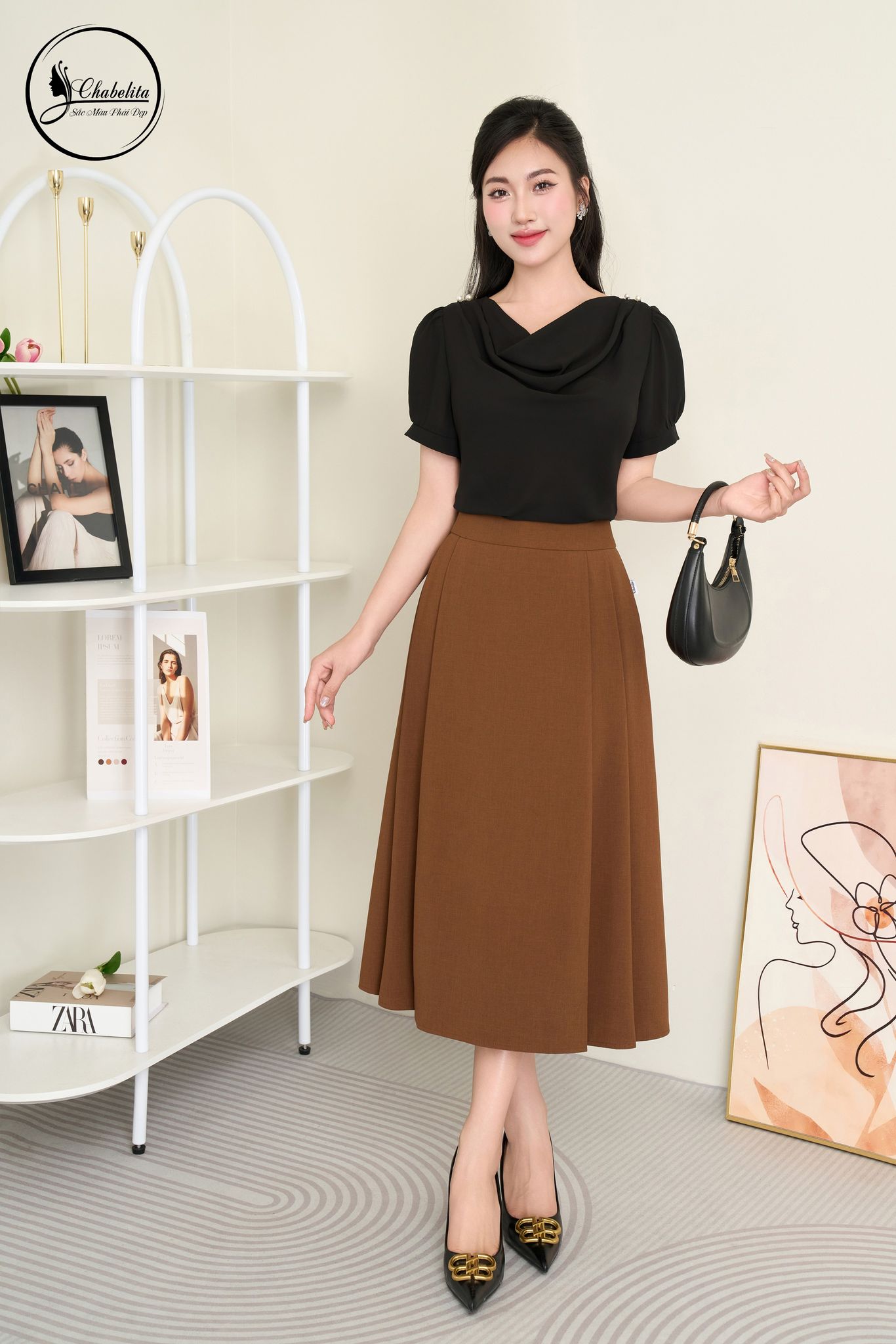 Áo sơ mi cổ tròn tay lỡ màu đen