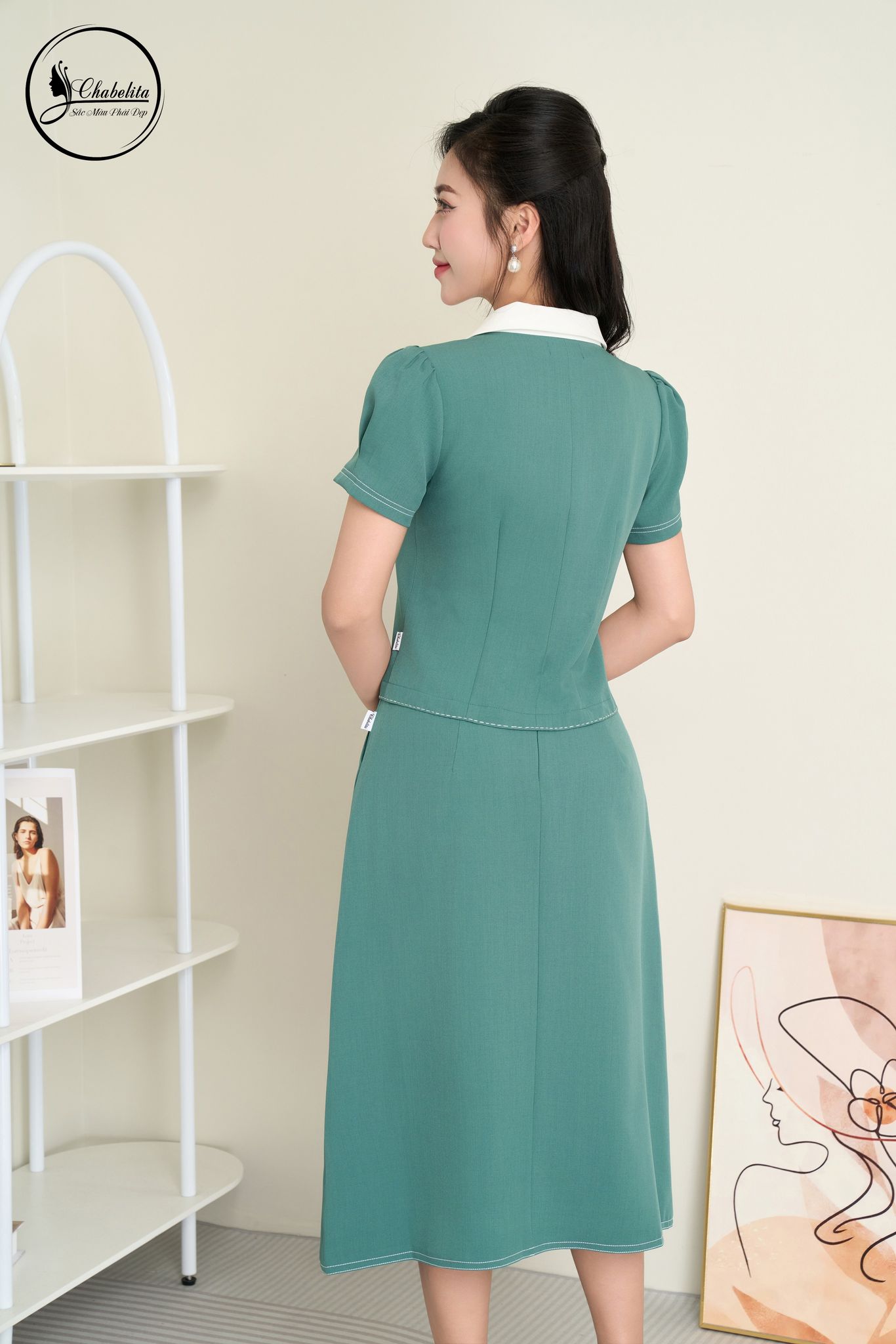 Sét bộ áo ký giả phối cổ màu xanh