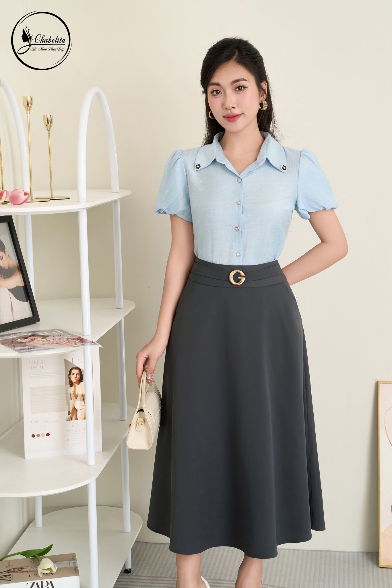 Áo sơ mi tay lỡ màu xanh