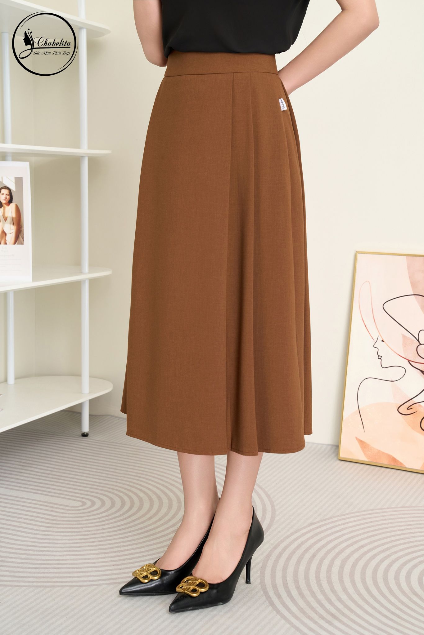 Chân váy dáng A màu nâu bò