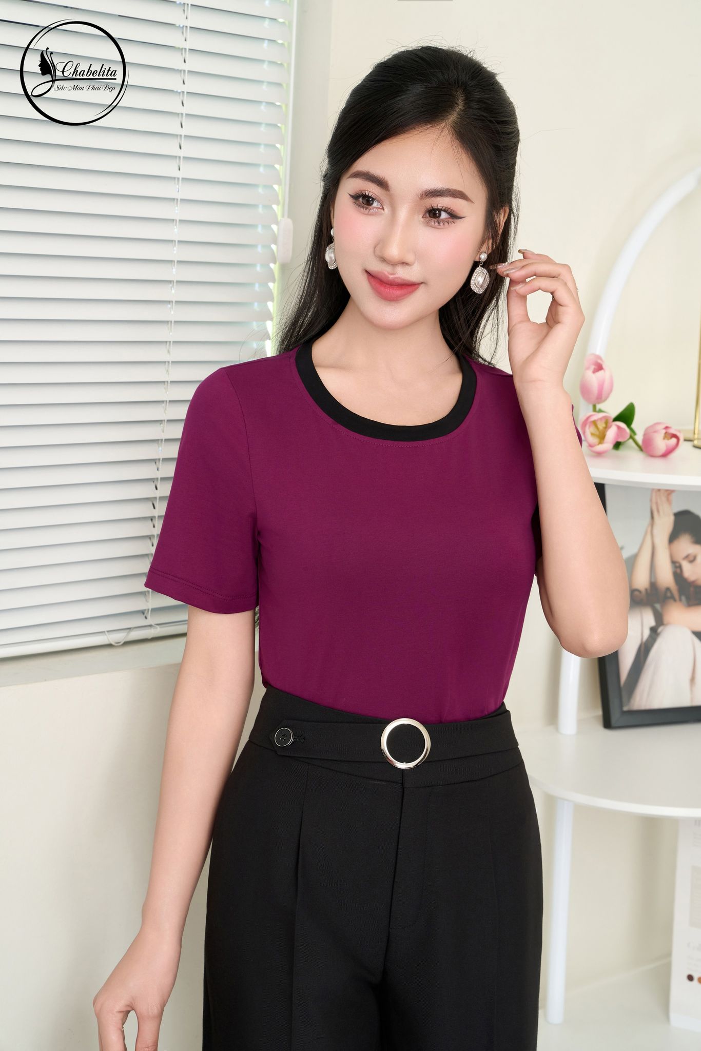 Áo cotton màu tím phối cổ tay