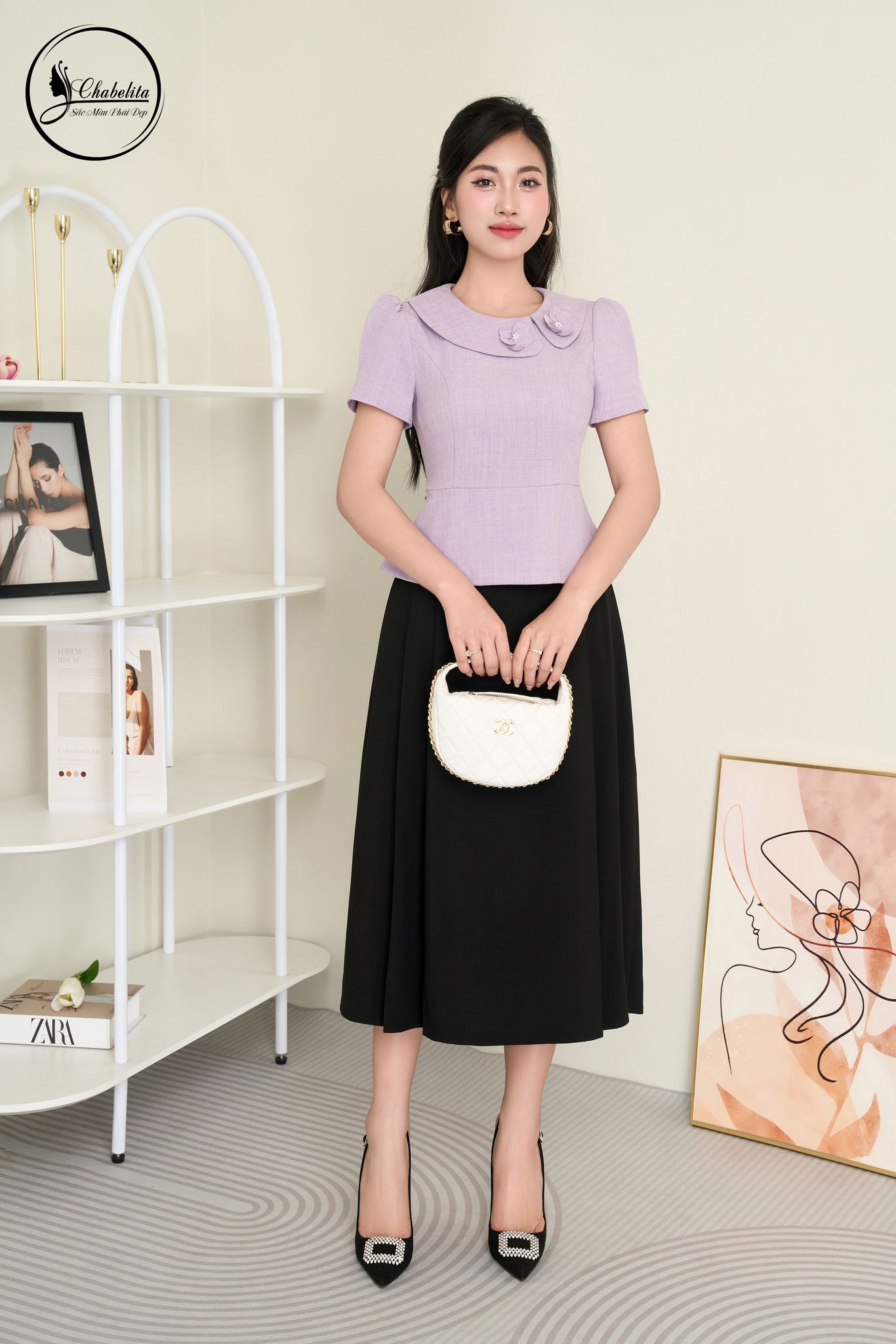 Áo sơ mi cổ phối màu tím