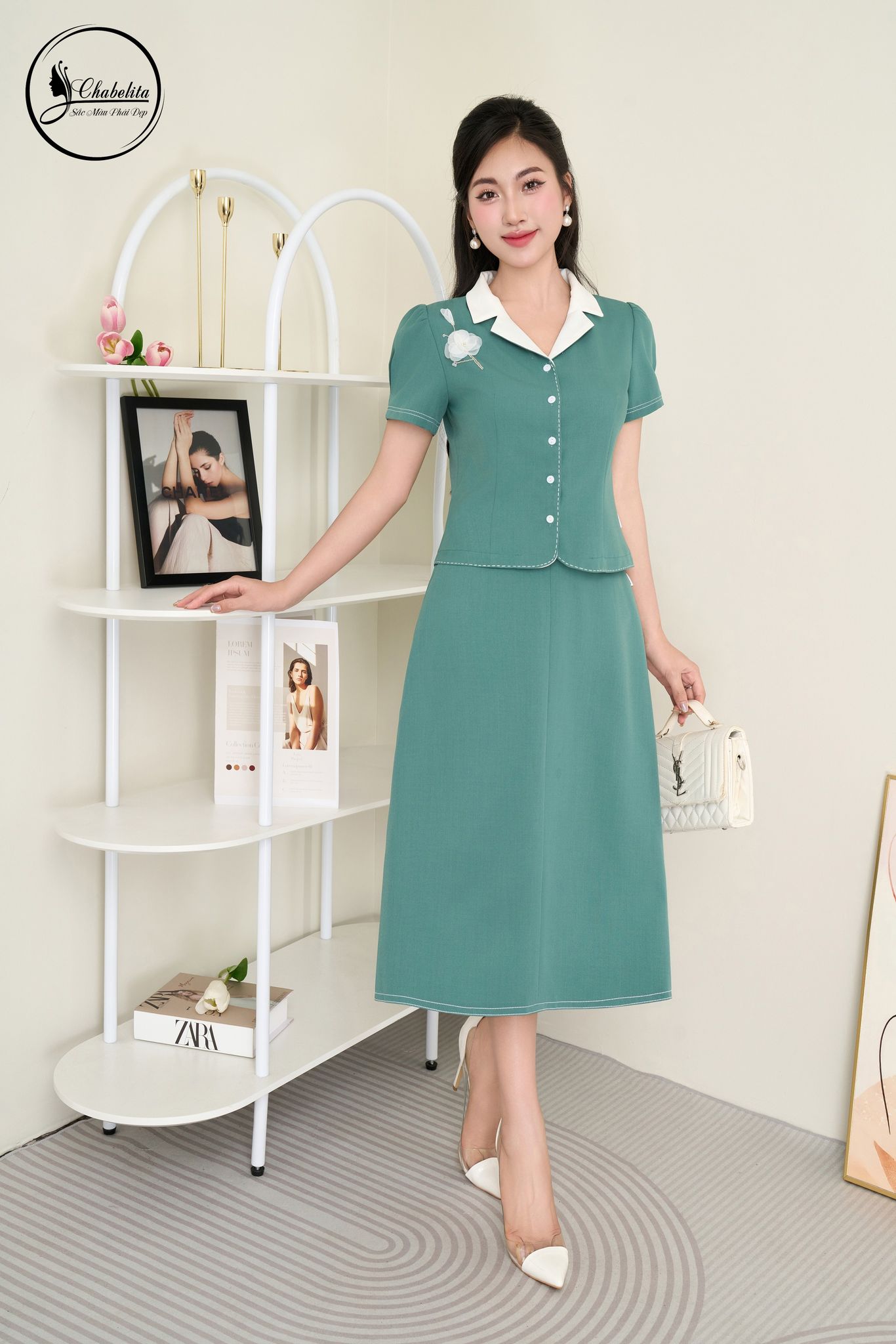 Sét bộ áo ký giả phối cổ màu xanh