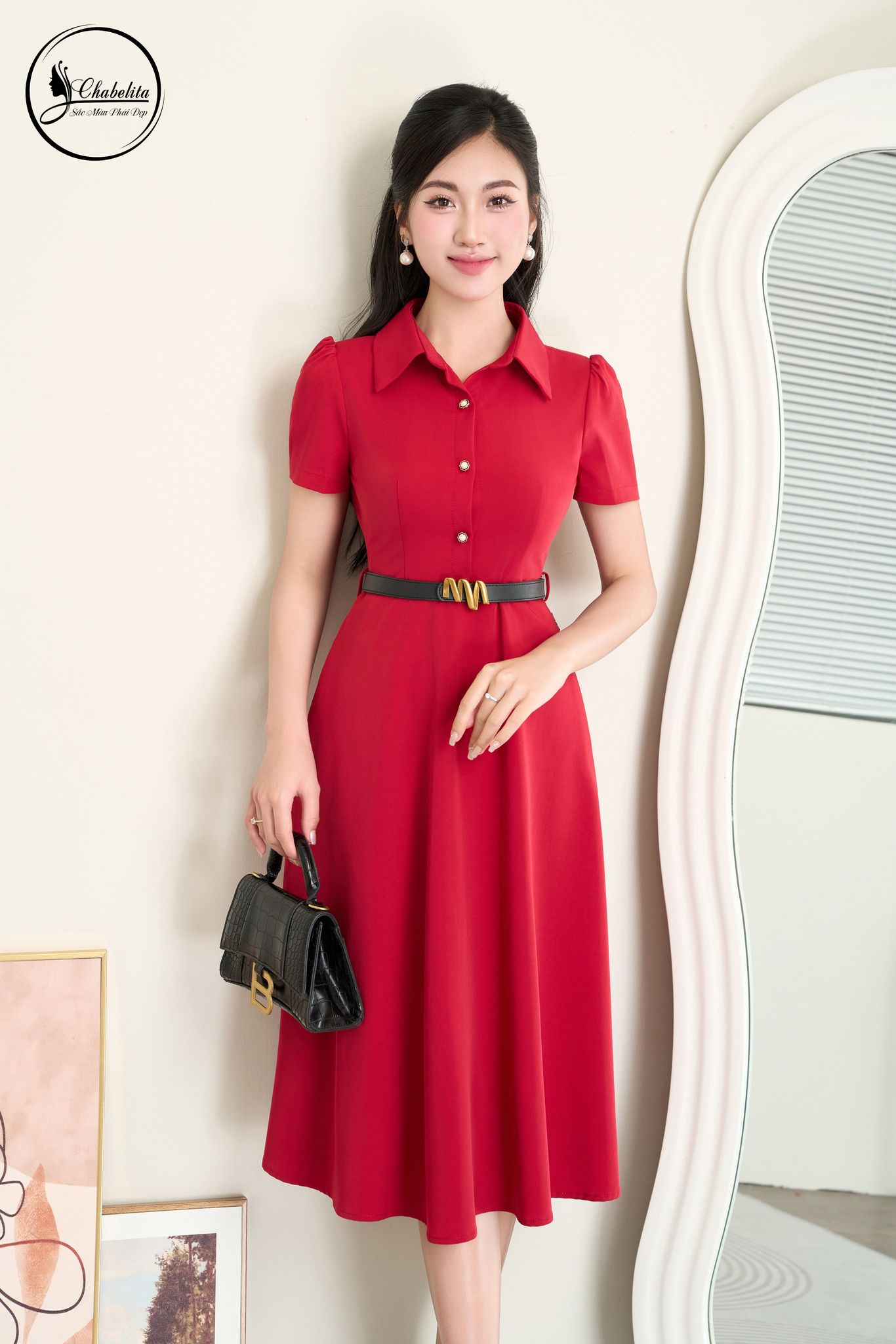 Đầm xòe cổ sơ mi màu đỏ