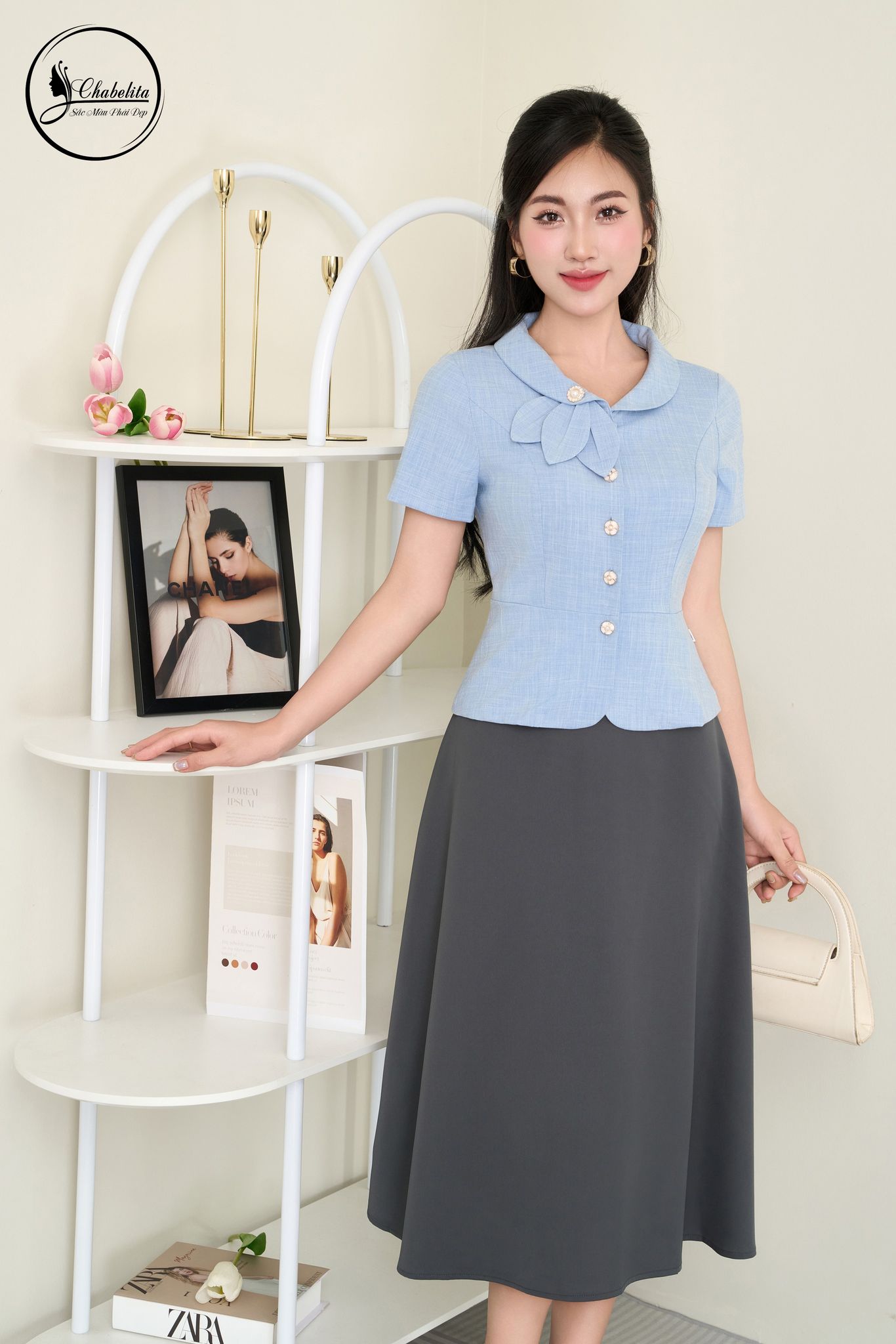 Chân váy xòe trang trí cạp màu ghi