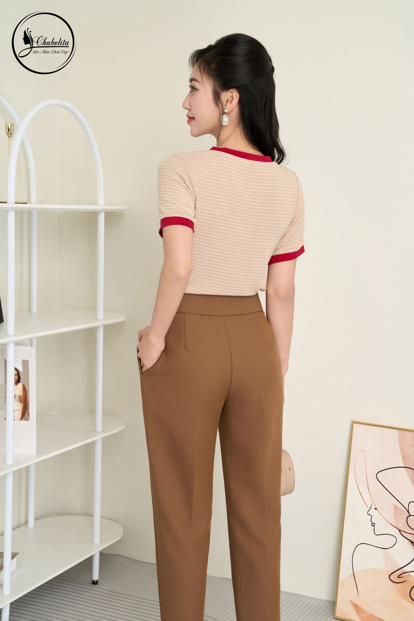 Áo cotton kẻ phối cổ tay