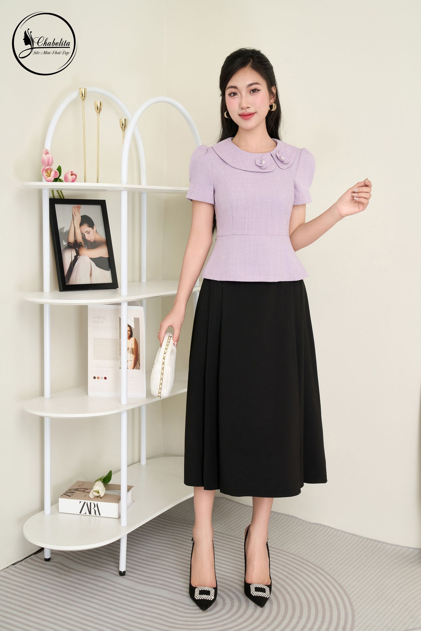 Áo sơ mi cổ phối màu tím