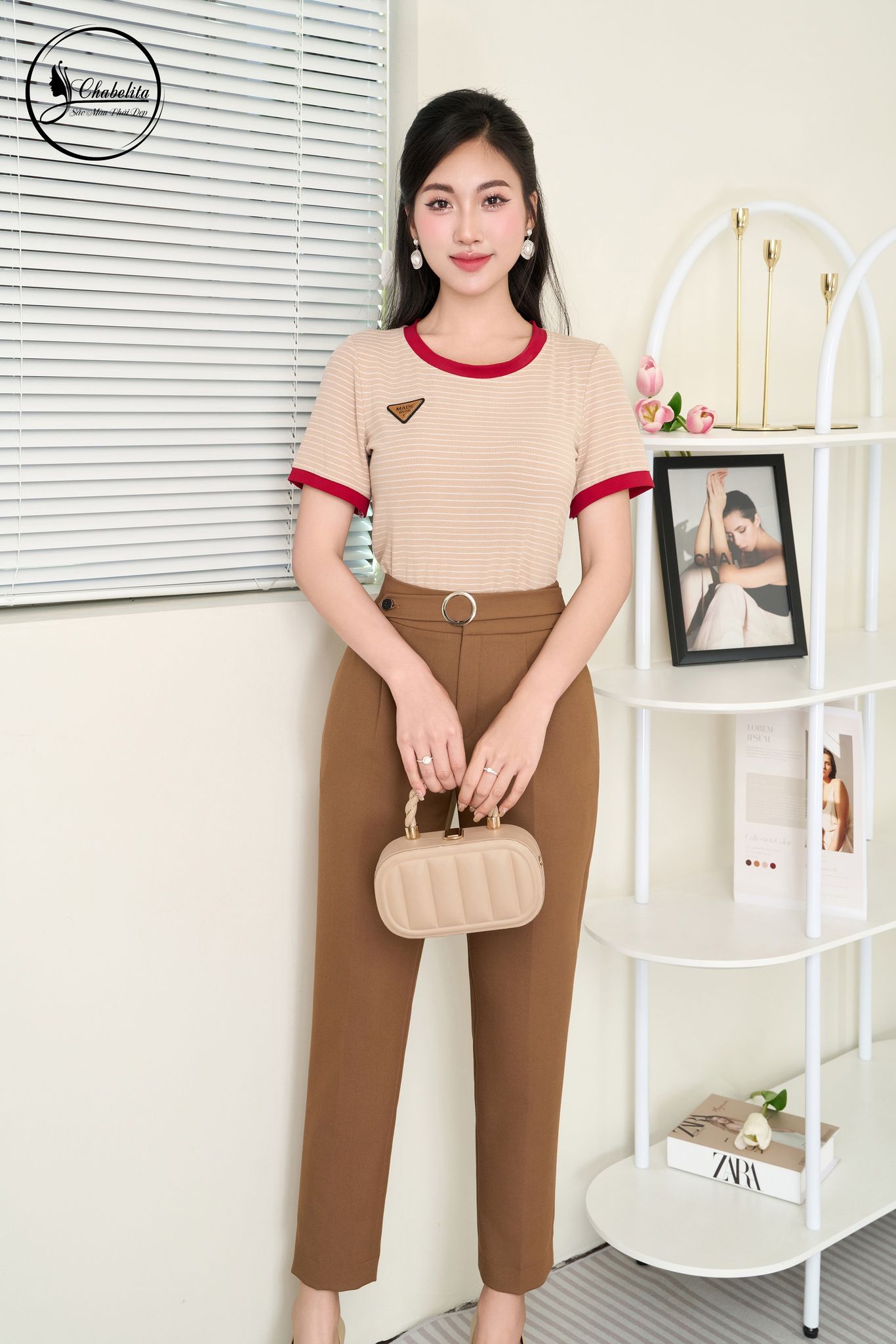 Áo cotton kẻ phối cổ tay