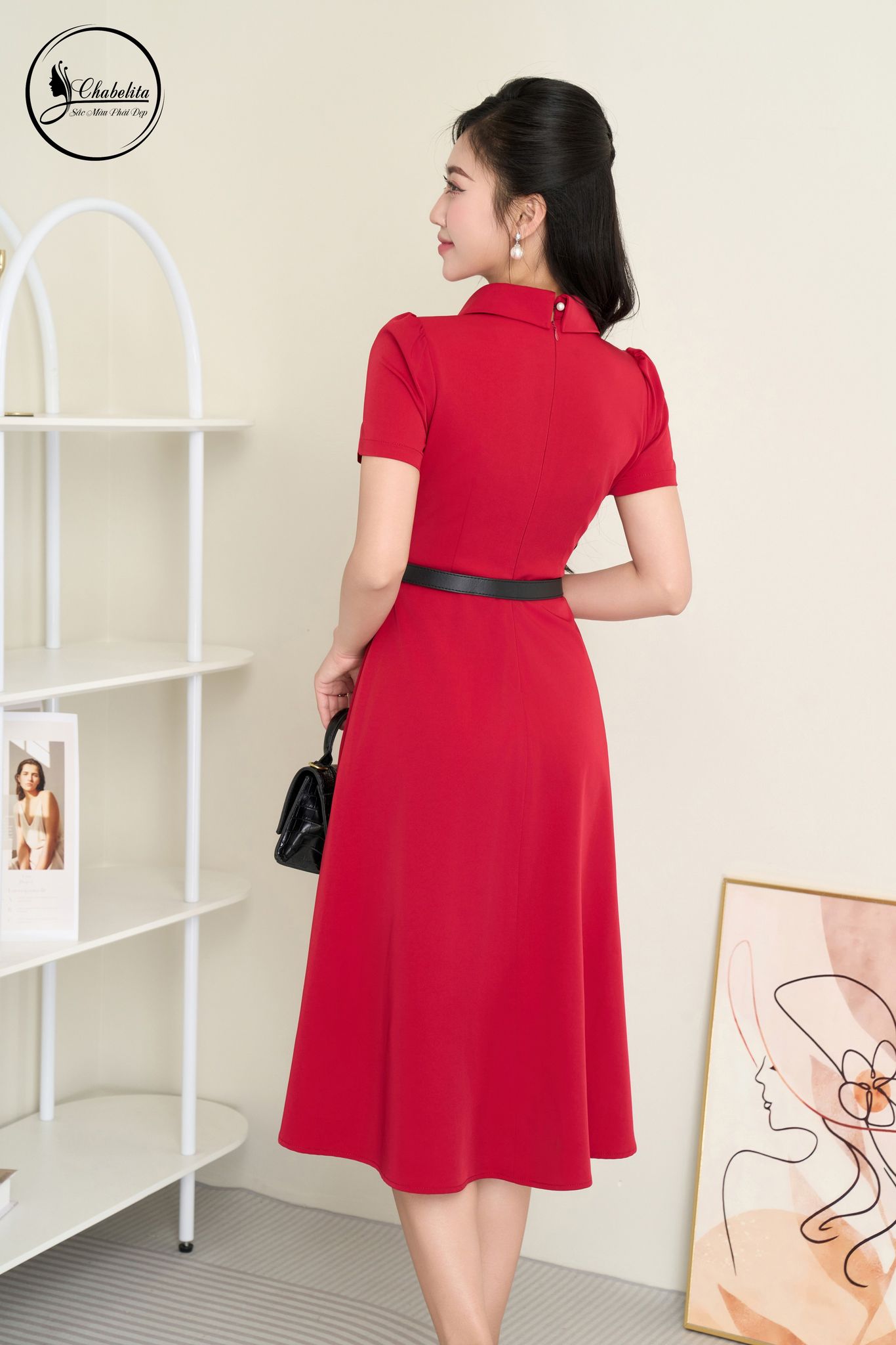 Đầm xòe cổ sơ mi màu đỏ