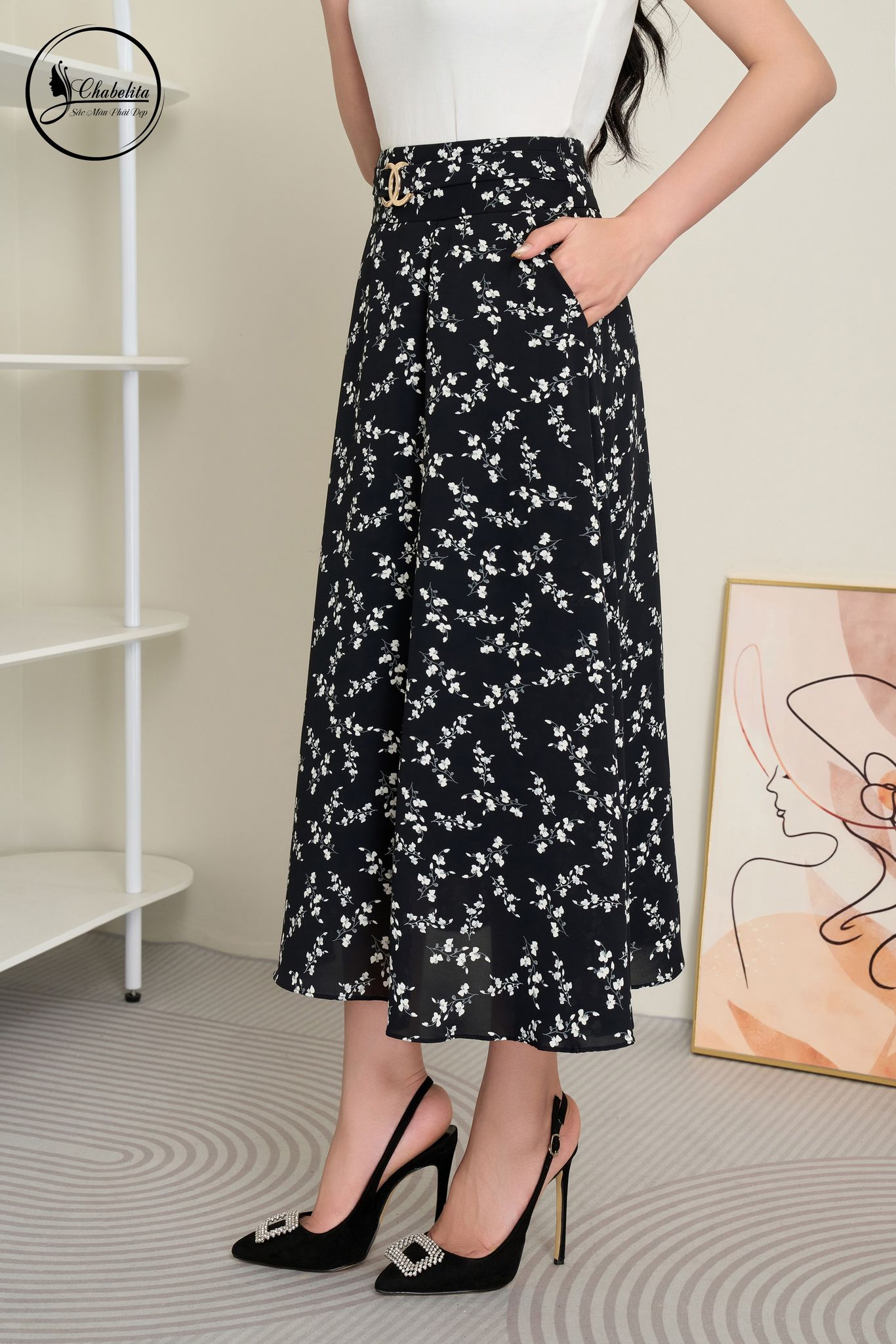 Chân váy hoa dài có đai