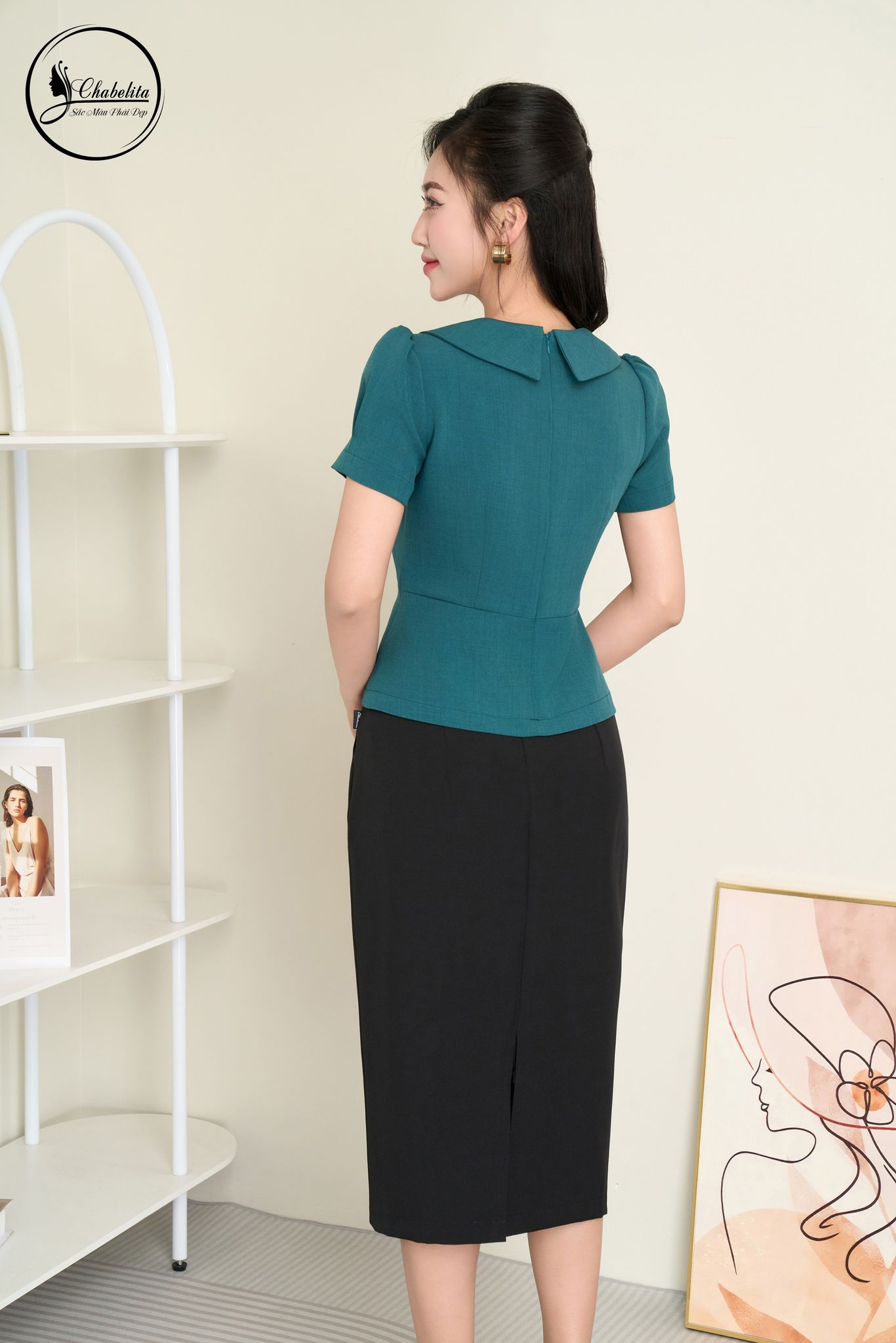 Áo sơ mi cổ phối màu xanh