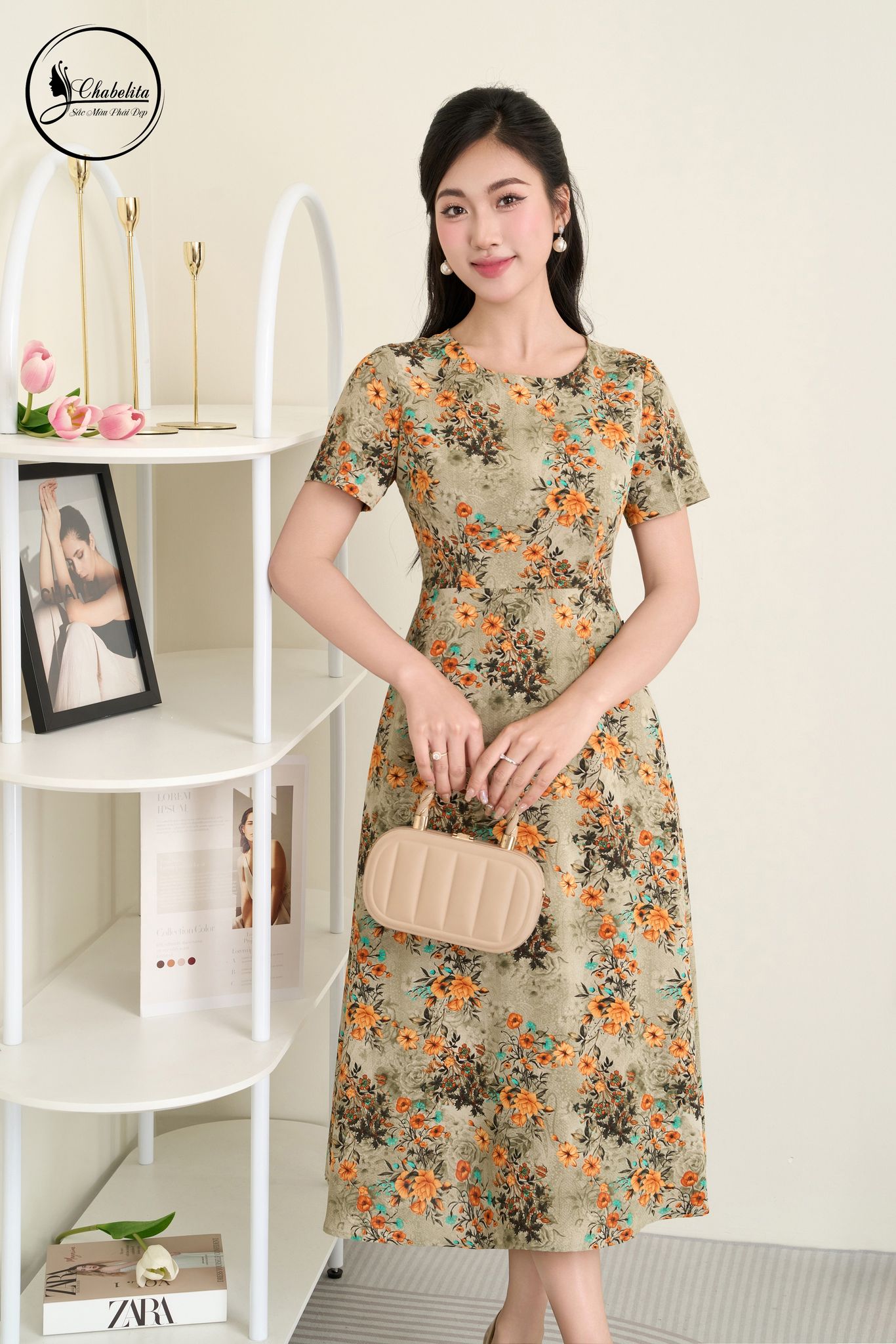 Đầm hoa cổ tròn màu nâu