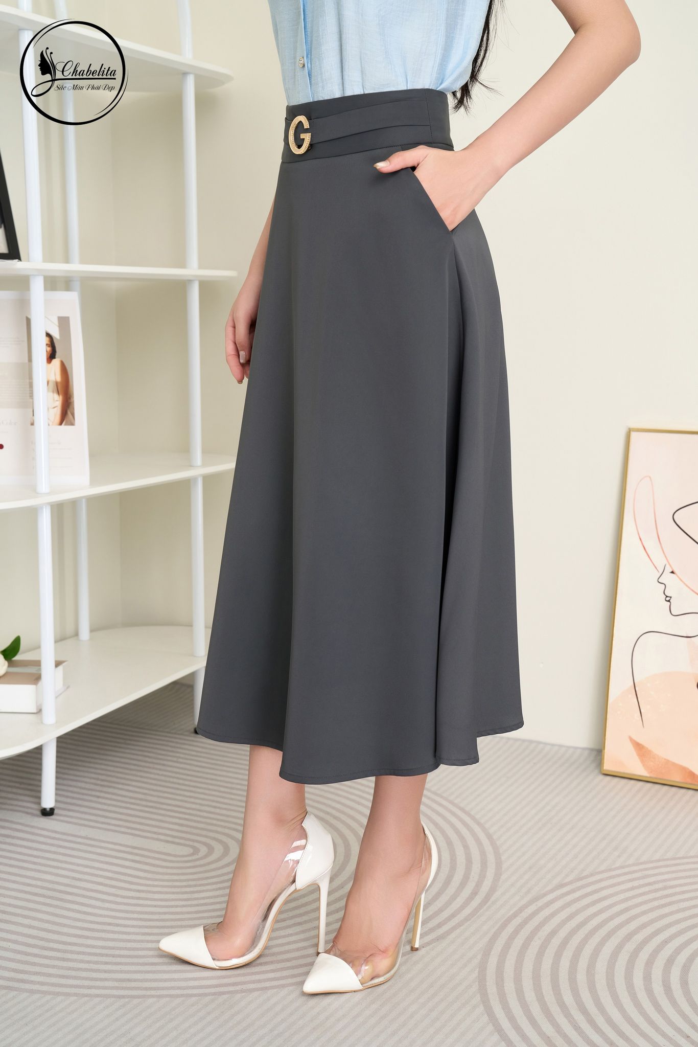 Chân váy dài có đai màu ghi