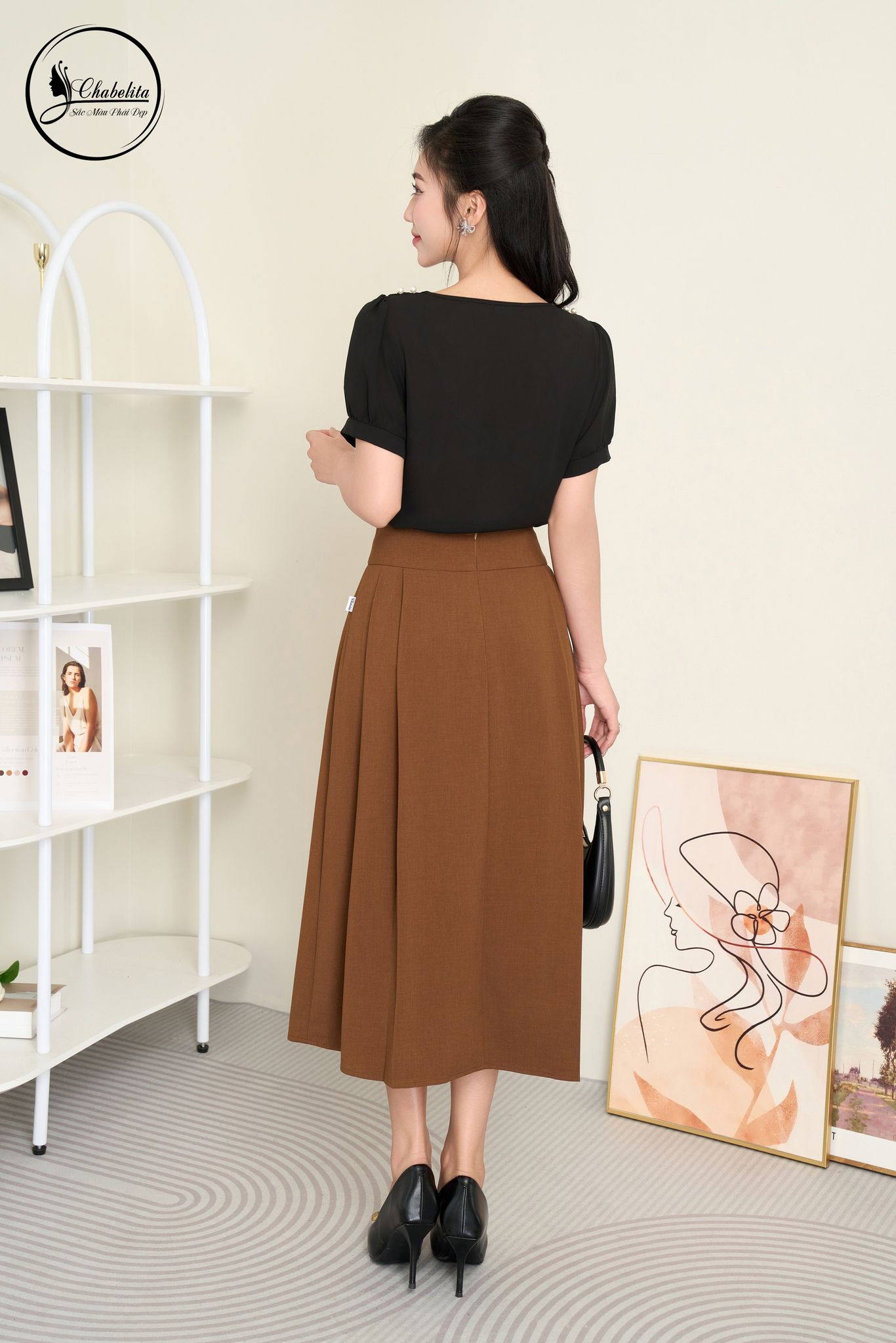 Chân váy dáng A màu nâu bò
