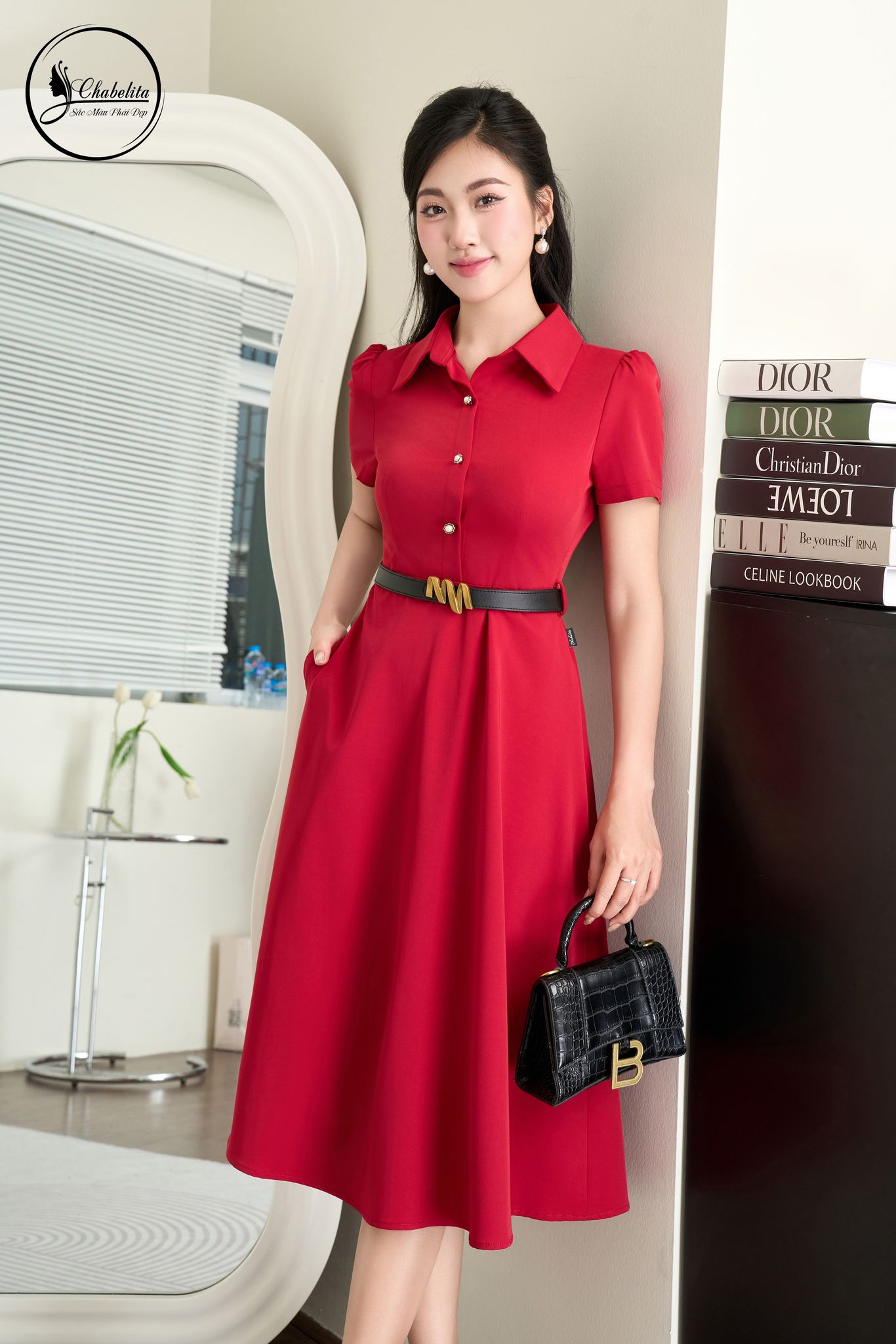 Đầm xòe cổ sơ mi màu đỏ