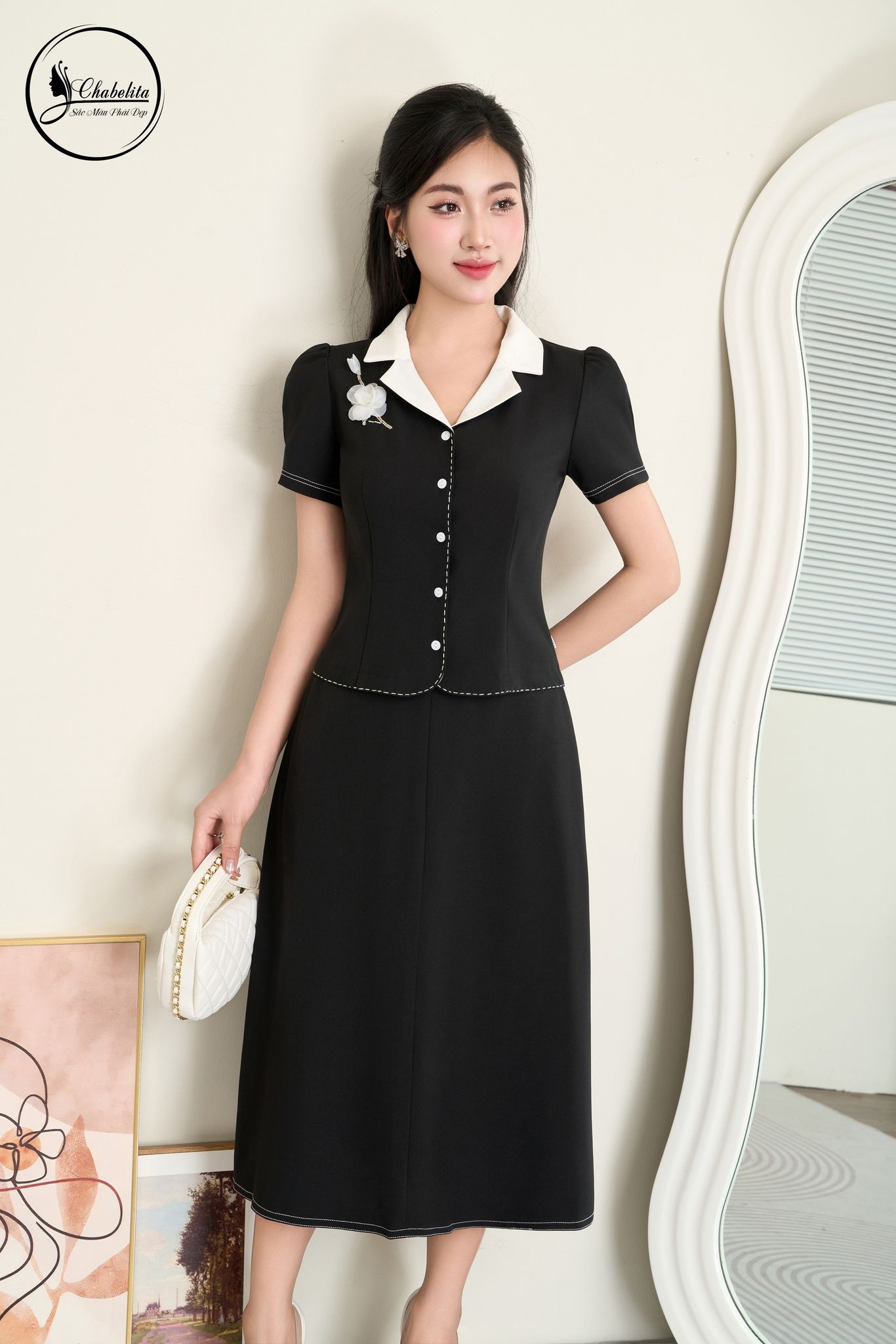 Sét bộ áo ký giả phối cổ màu đen