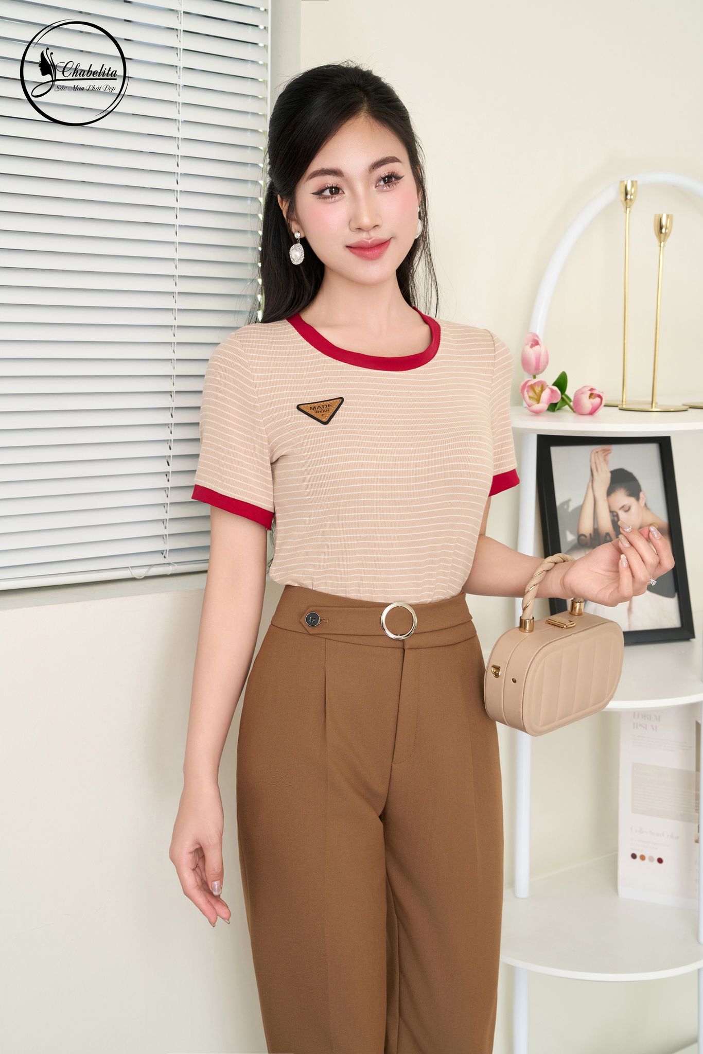Áo cotton kẻ phối cổ tay