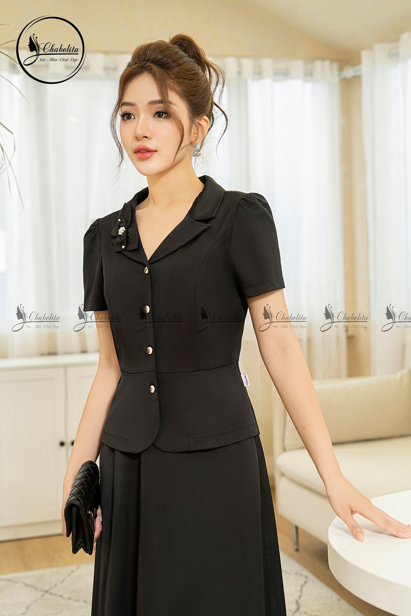 Sét bộ áo ký giả phối nơ cổ màu đen