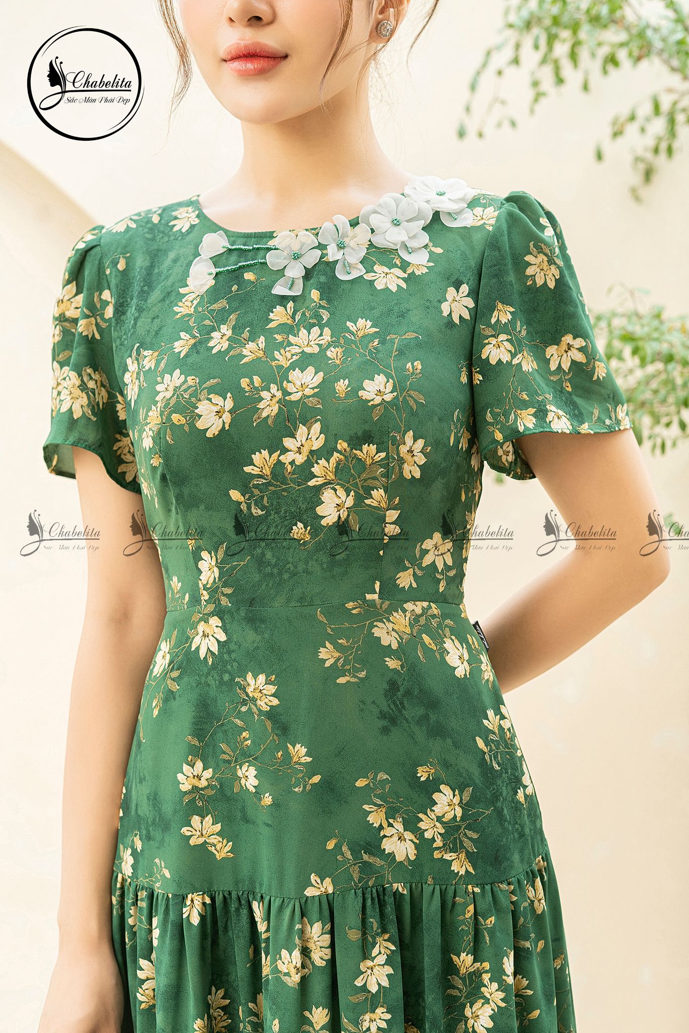 Váy hoa 3 tầng cổ tròn màu xanh