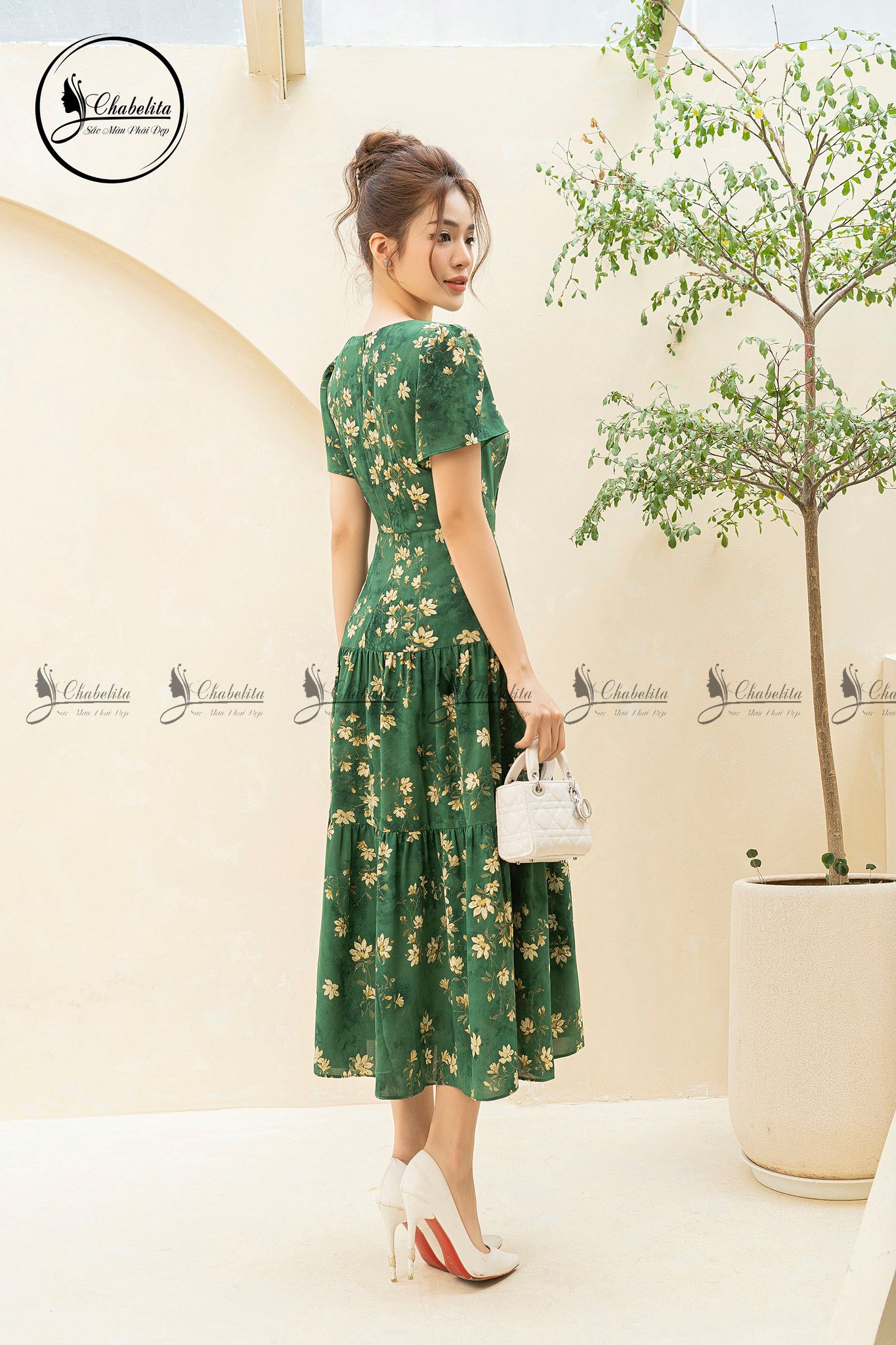 Váy hoa 3 tầng cổ tròn màu xanh