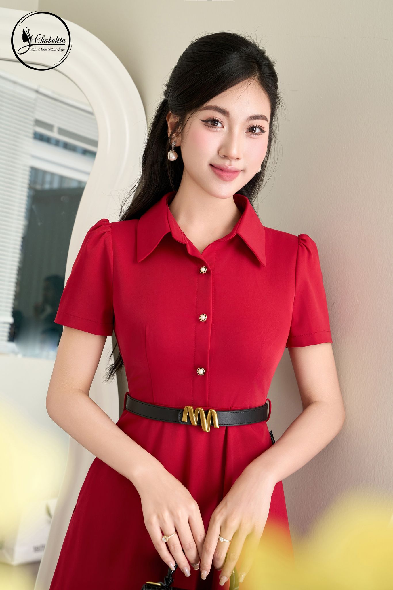 Đầm xòe cổ sơ mi màu đỏ