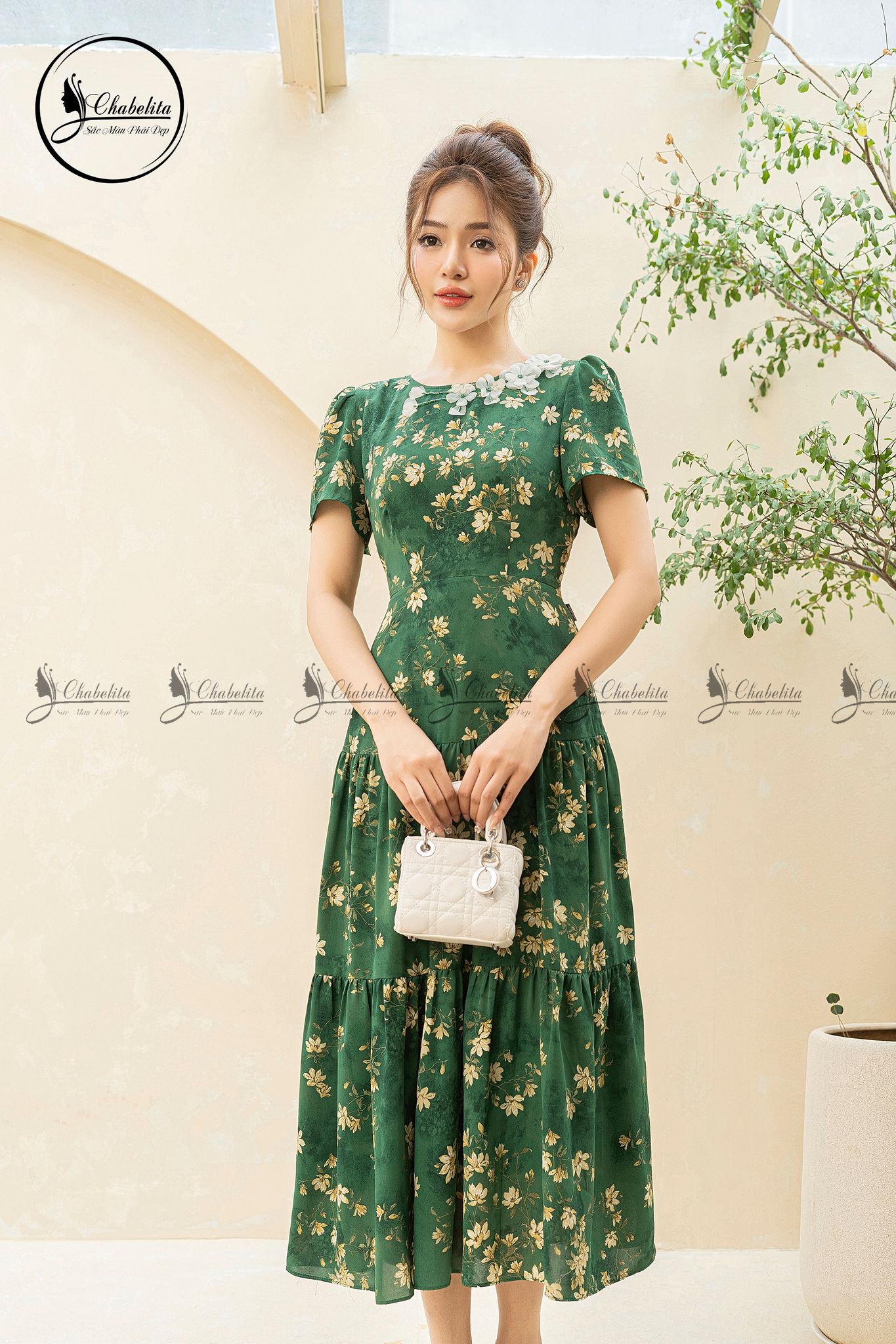 Váy hoa 3 tầng cổ tròn màu xanh