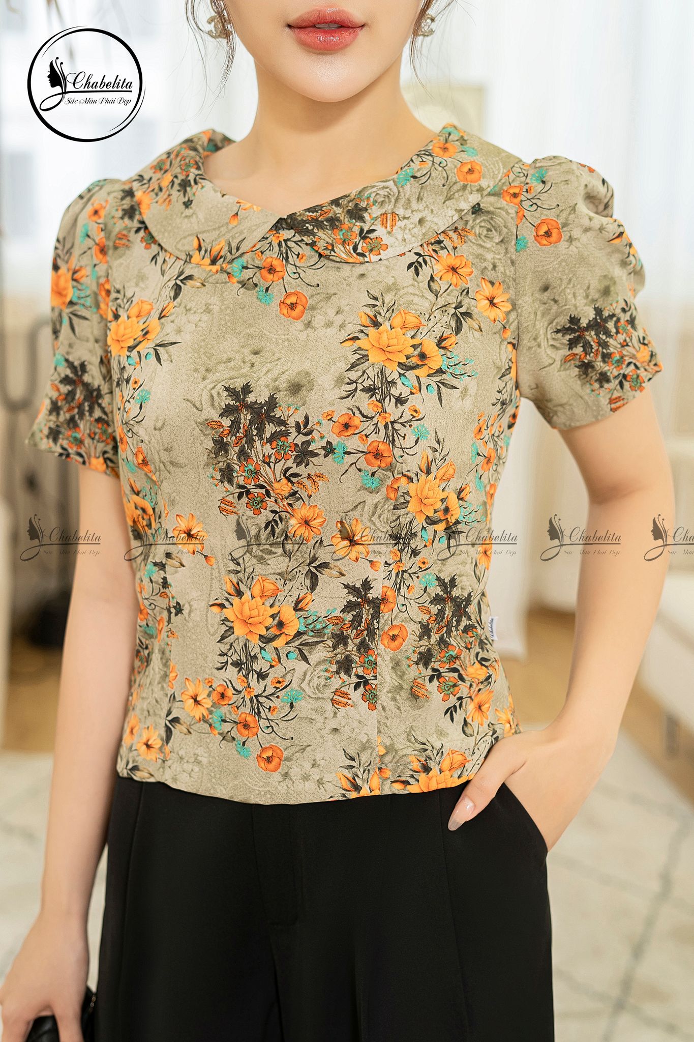 Áo sơ mi hoa vàng cổ sen