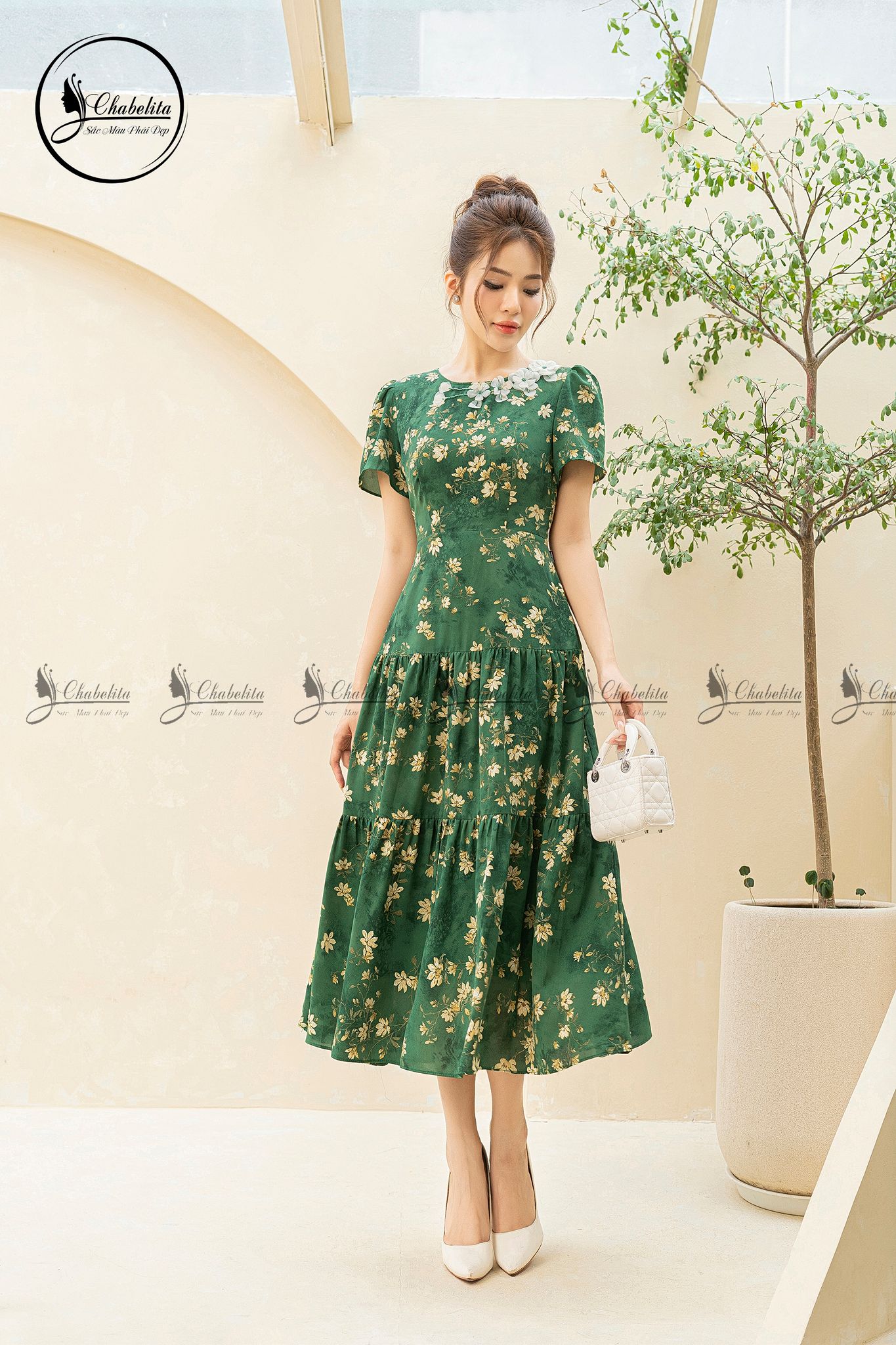 Váy hoa 3 tầng cổ tròn màu xanh