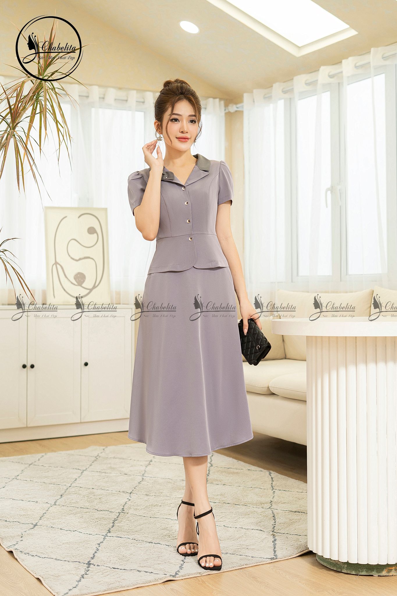 Sét bộ áo ký giả phối nơ cổ màu ghi