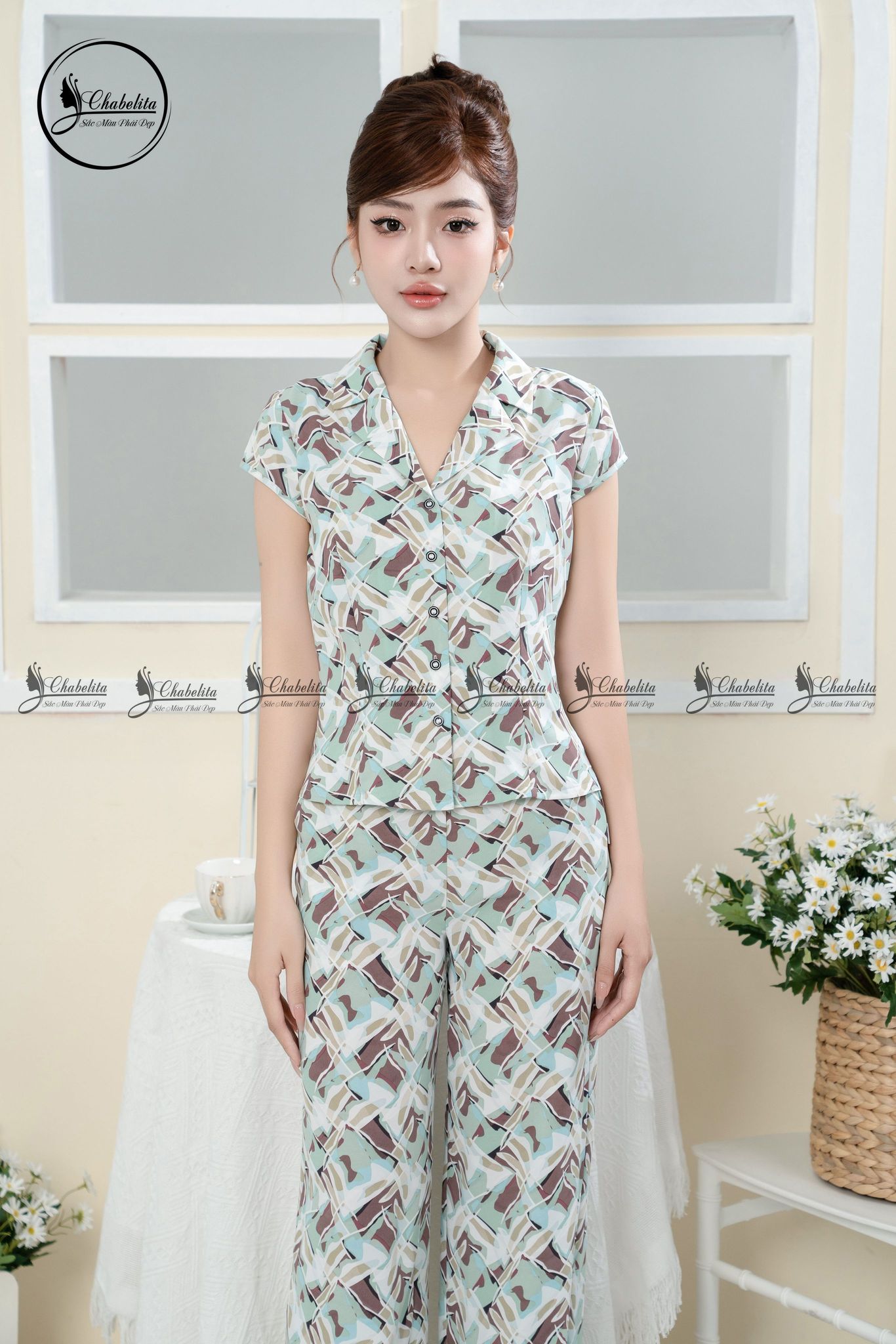 Sét bộ quần suông áo sơ mi cộc tay màu xanh