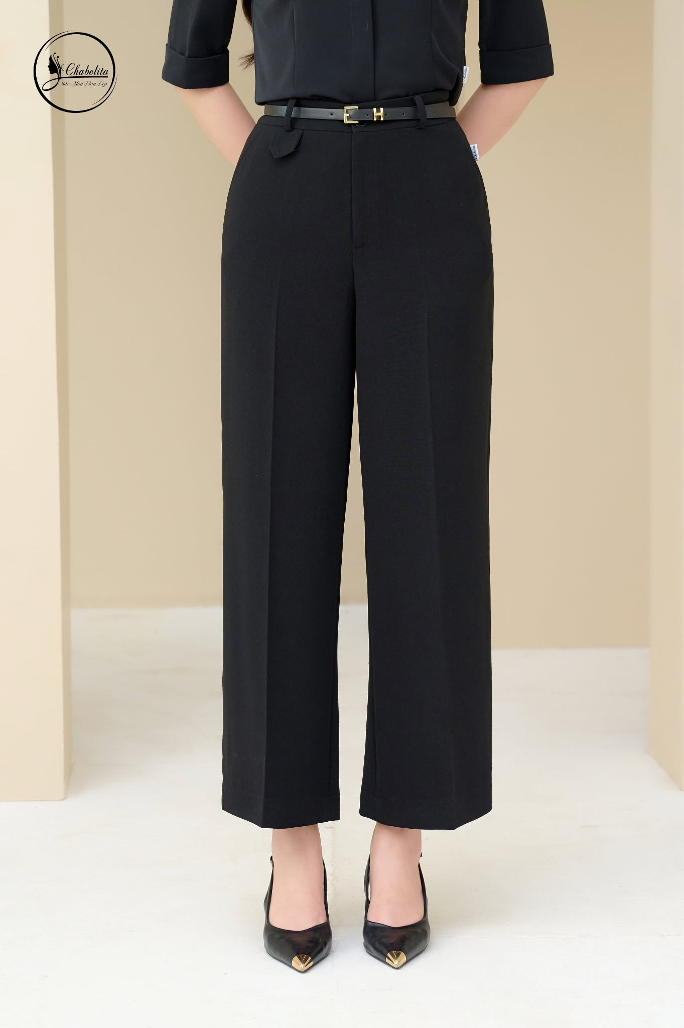 Quần suông cạp cách điệu màu đen