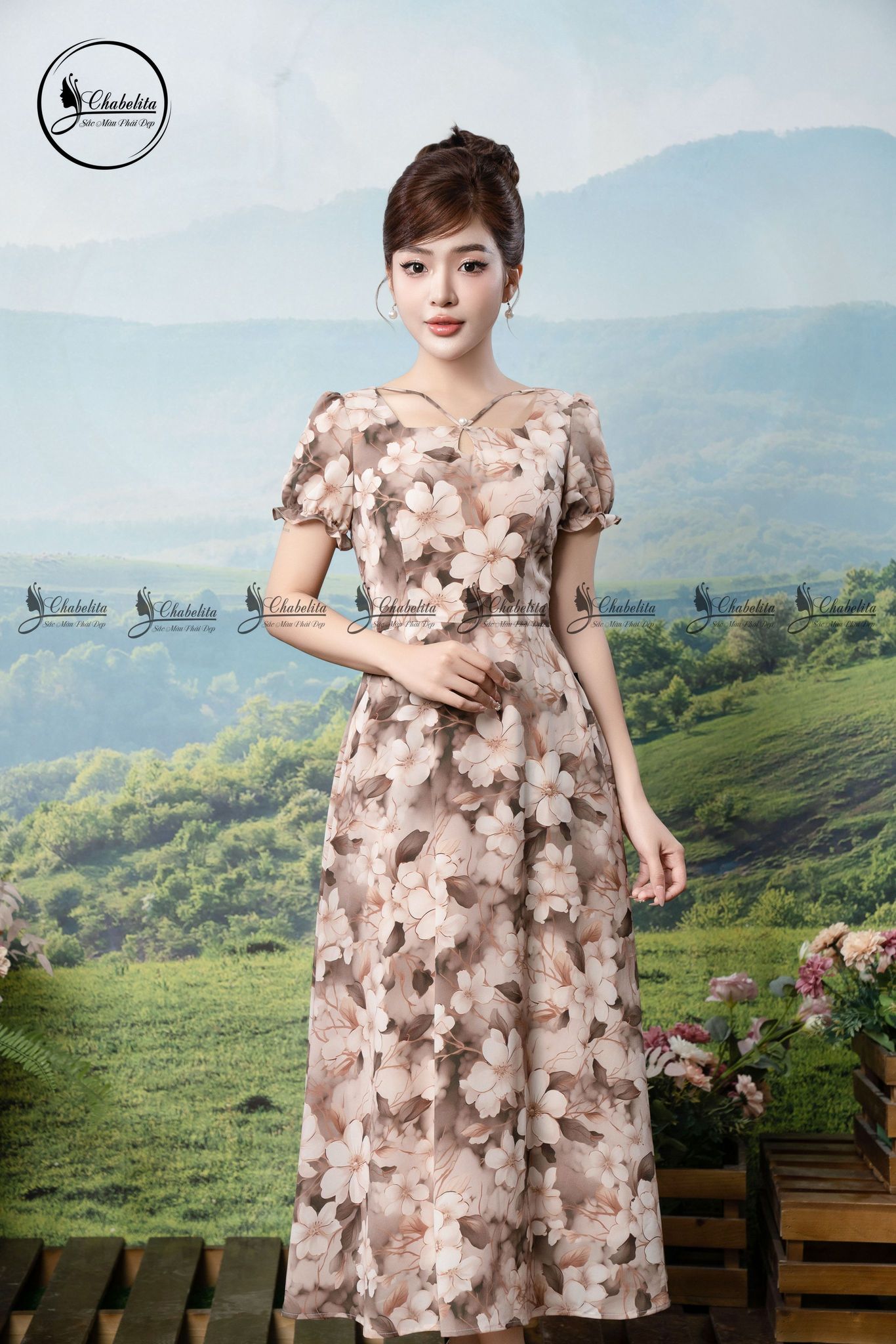 Đầm hoa cổ vuông giọt lệ màu nâu