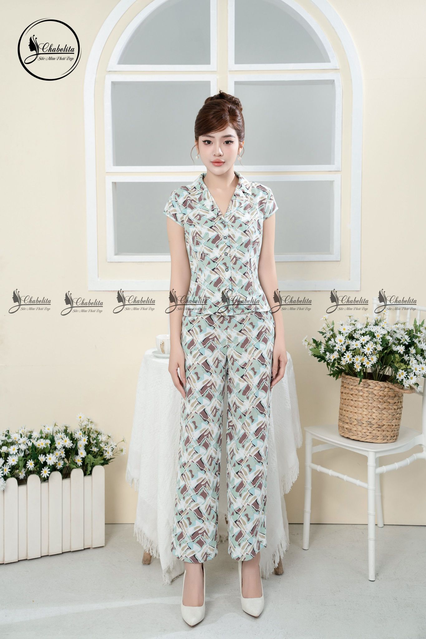 Sét bộ quần suông áo sơ mi cộc tay màu xanh