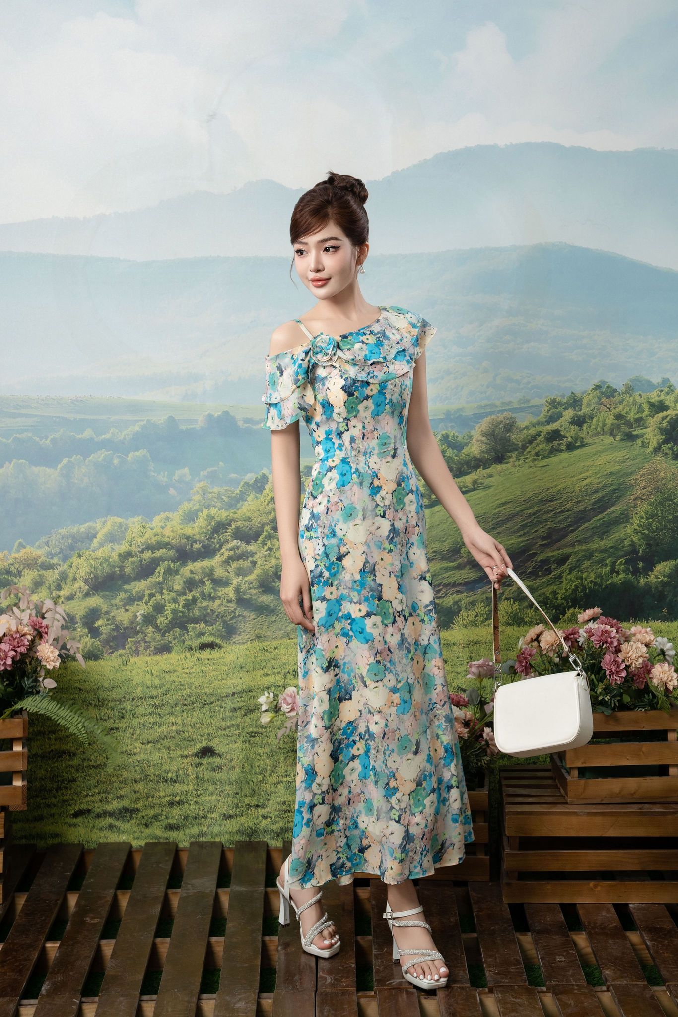 Đầm xòe vai bèo hoa xanh