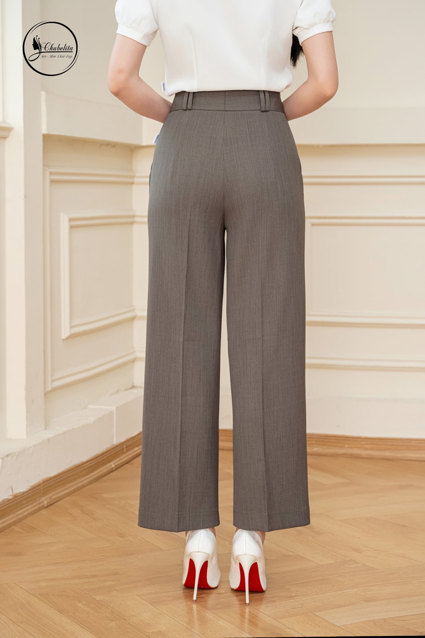 Quần suông cạp cao 2 cúc màu ghi