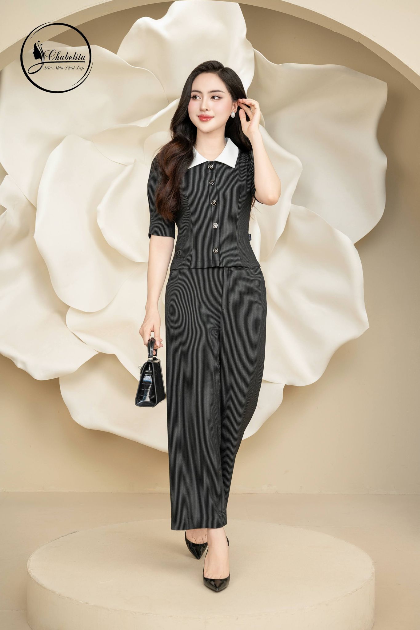 Sét bộ áo sơ mi tay lỡ phối cổ kẻ đen