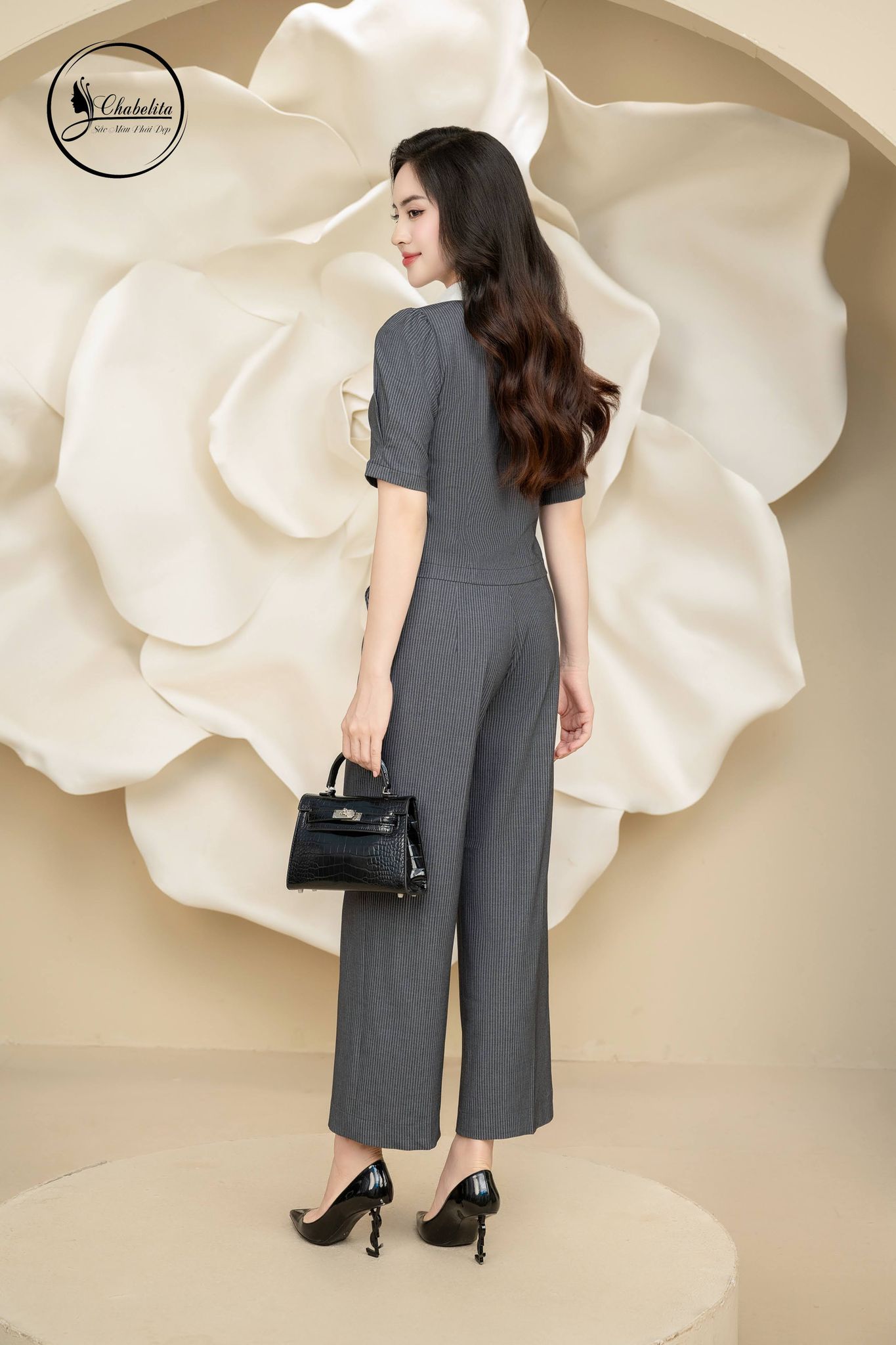 Sét bộ áo sơ mi tay lỡ phối cổ kẻ ghi