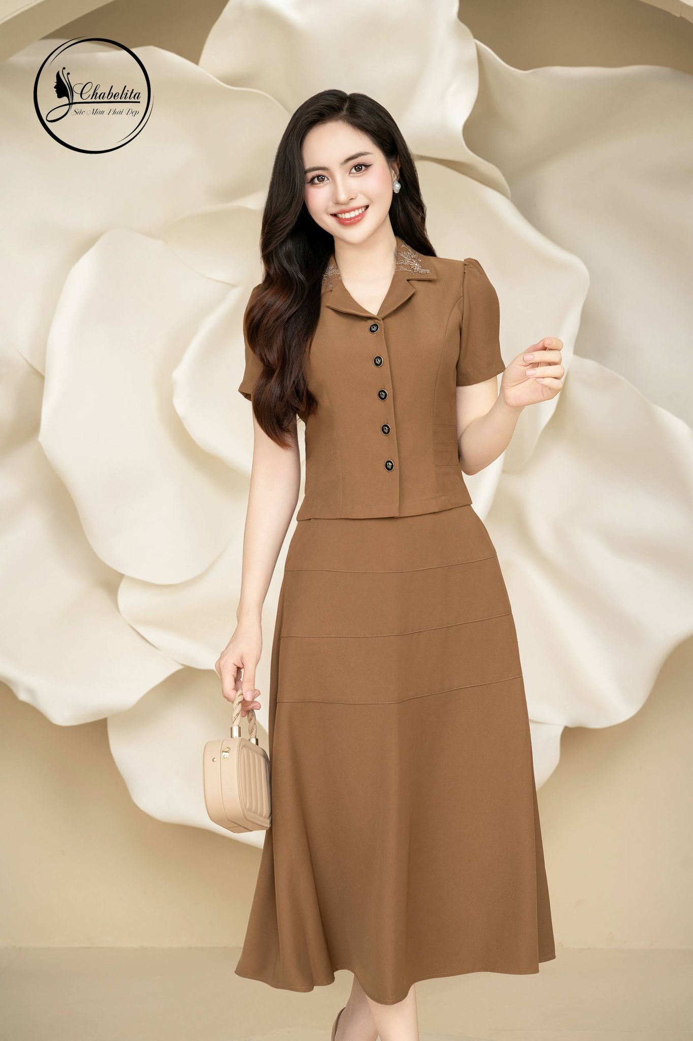 Sét bộ áo ký giả cổ thuê họa tiết kèm chân váy màu nâu