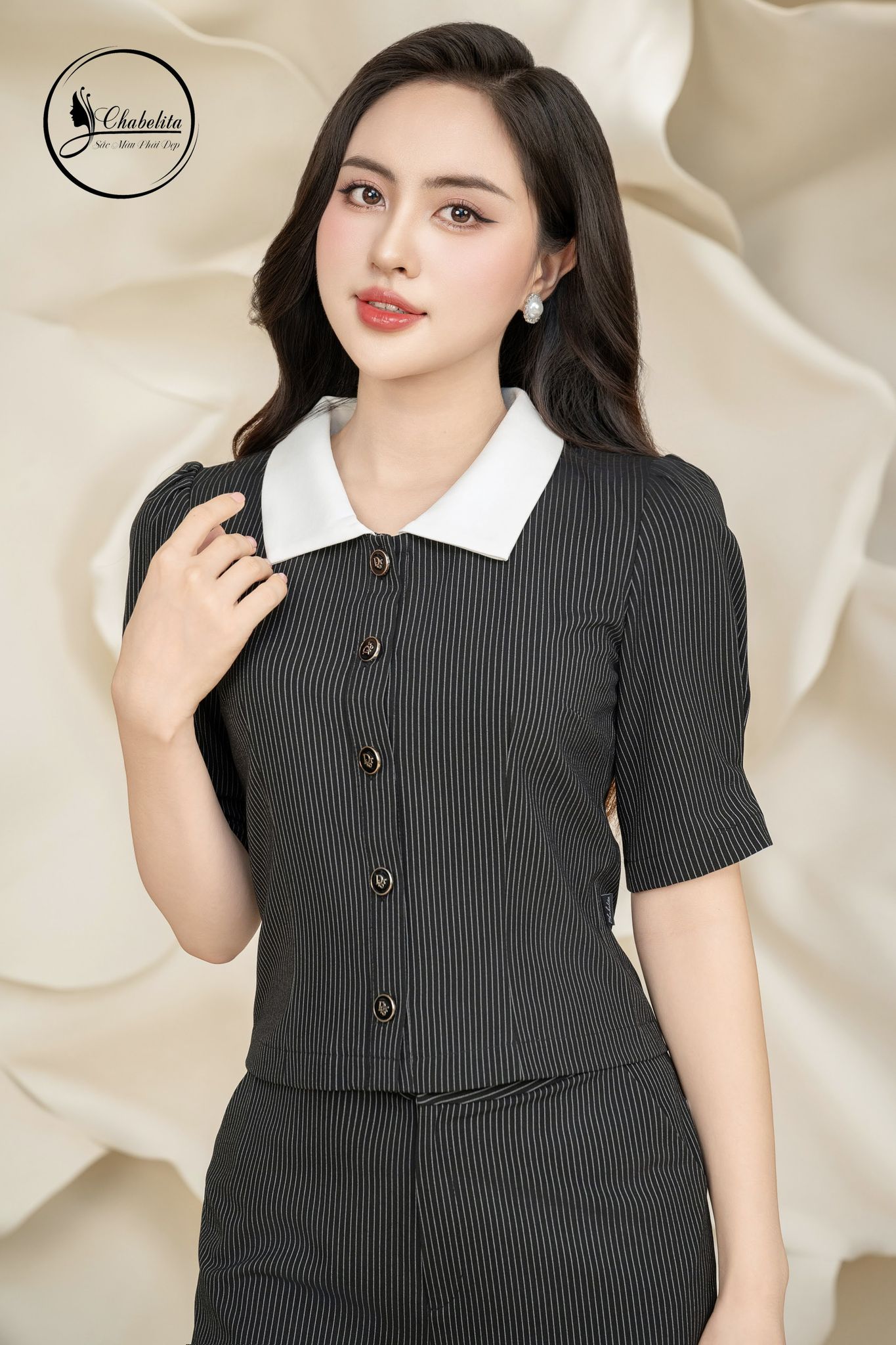 Sét bộ áo sơ mi tay lỡ phối cổ kẻ đen