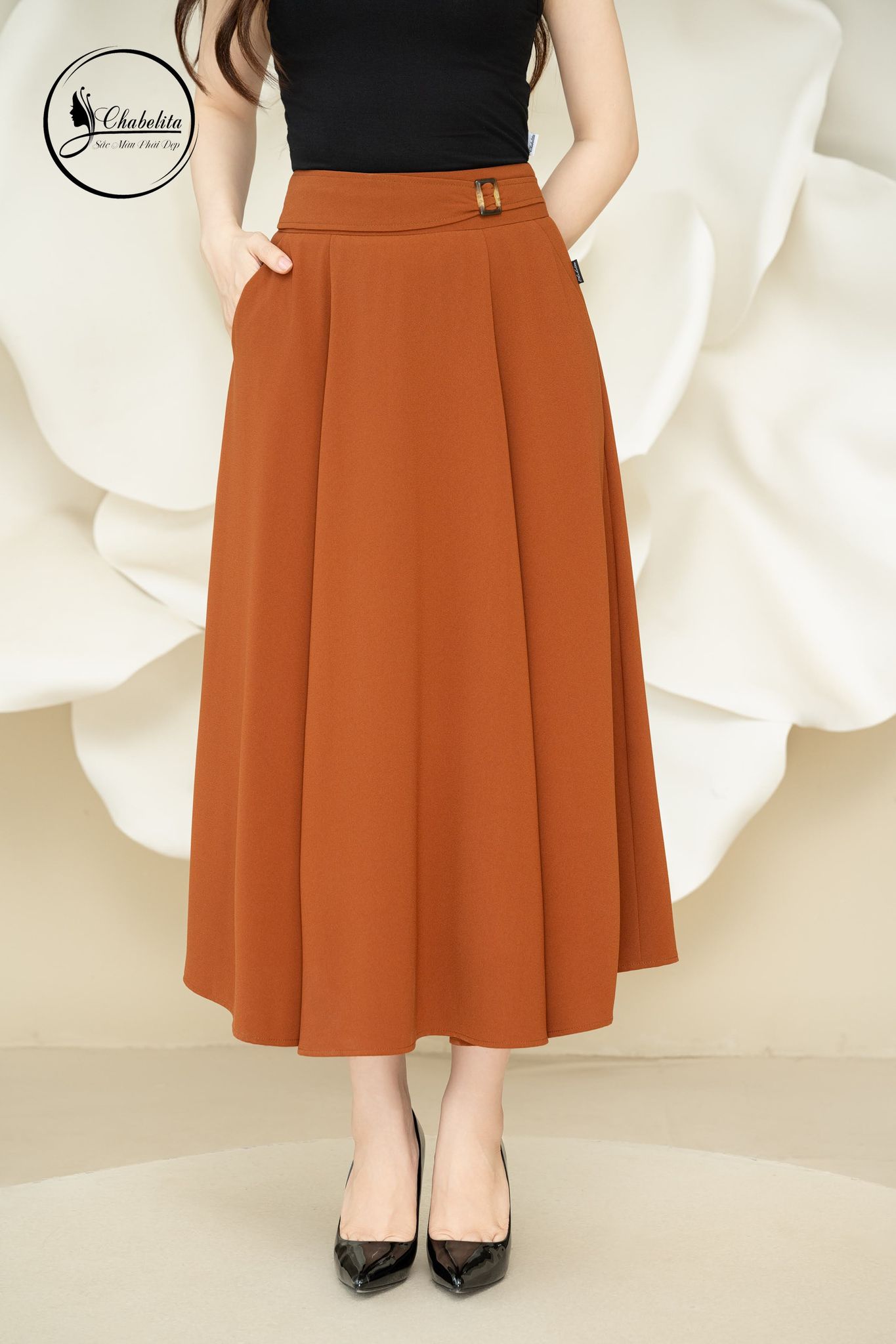 Chân váy xòe dáng A màu nâu