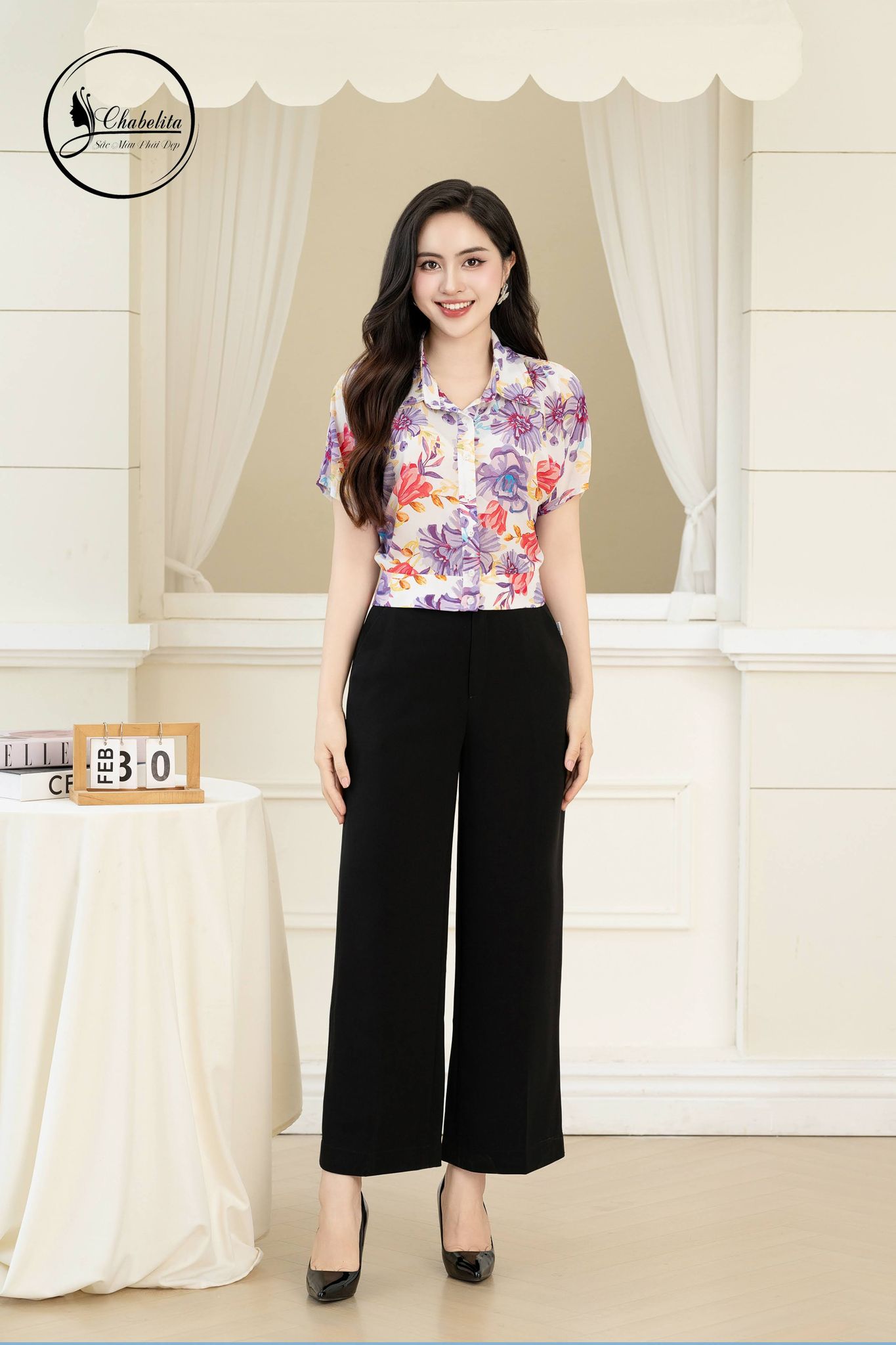 Áo sơ mi croptop cổ bẻ tay ngắn hoa tím