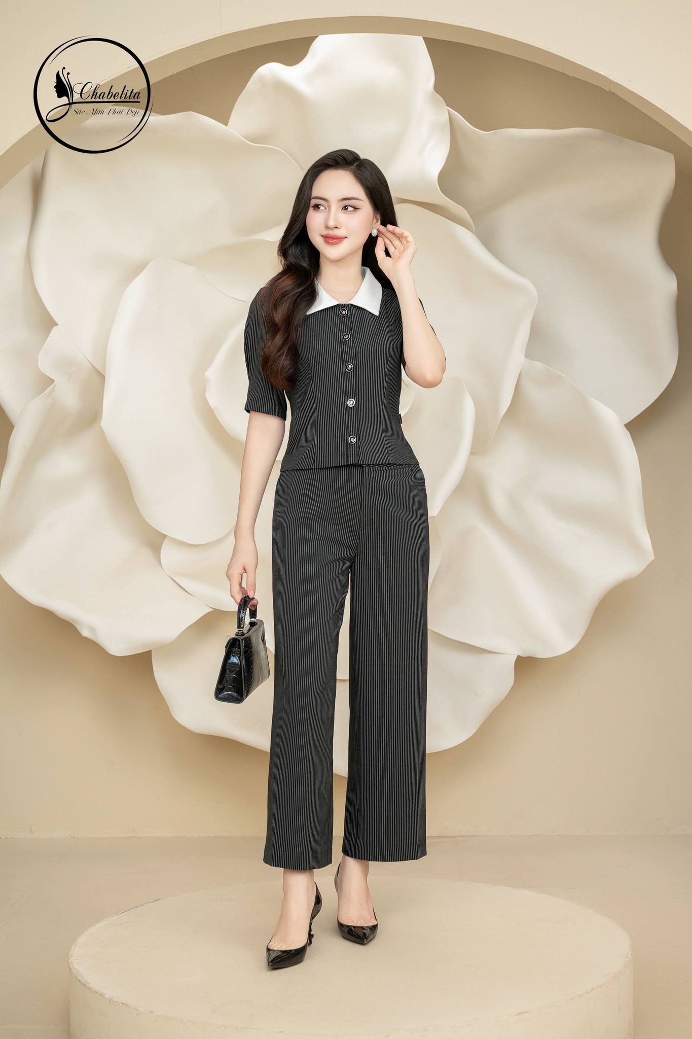 Sét bộ áo sơ mi tay lỡ phối cổ kẻ đen