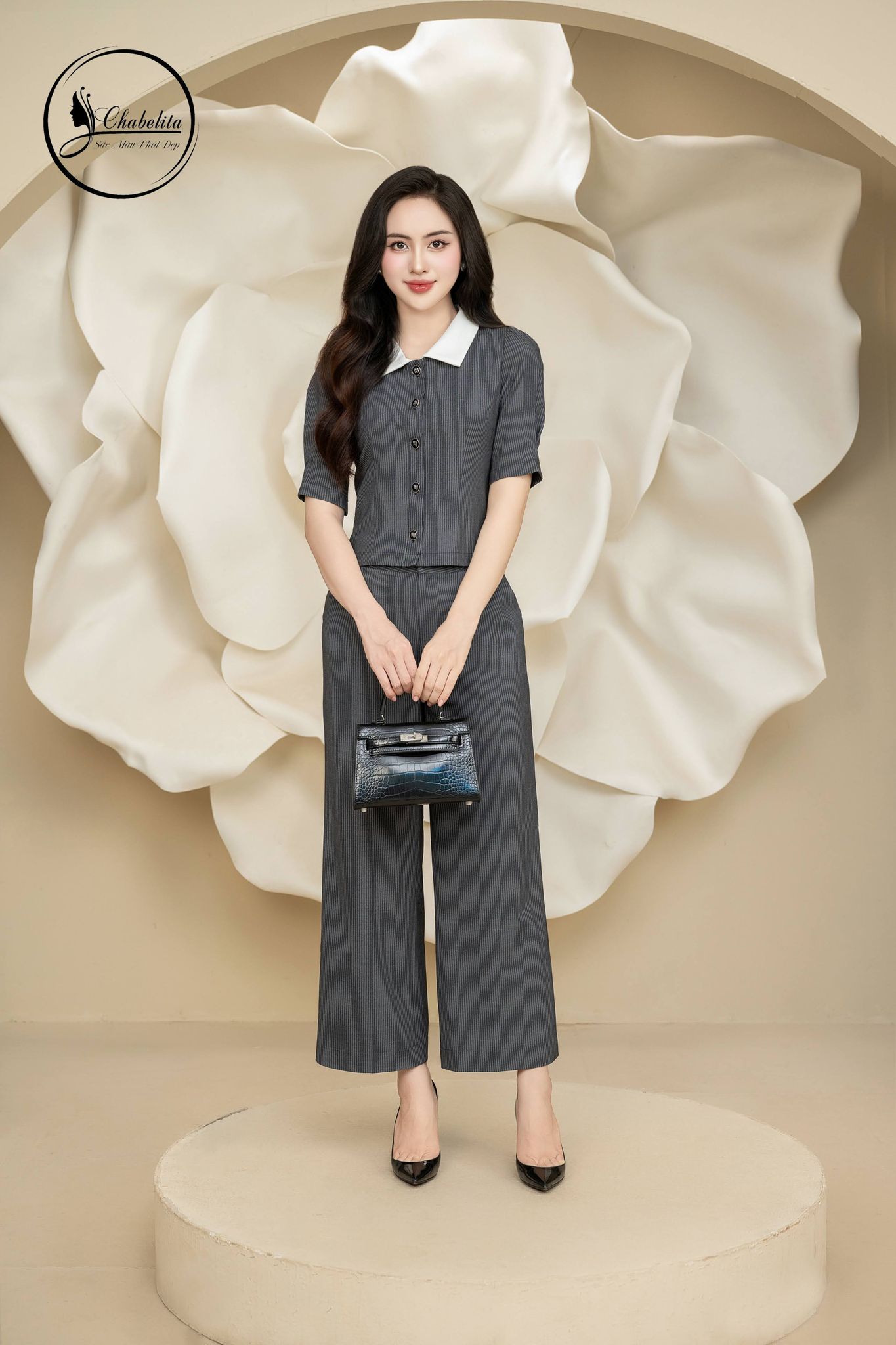 Sét bộ áo sơ mi tay lỡ phối cổ kẻ ghi