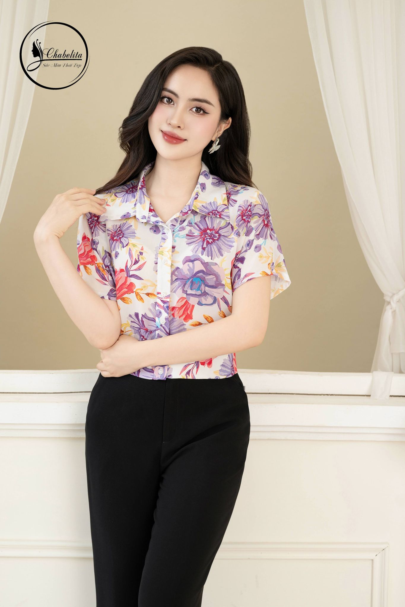 Áo sơ mi croptop cổ bẻ tay ngắn hoa tím