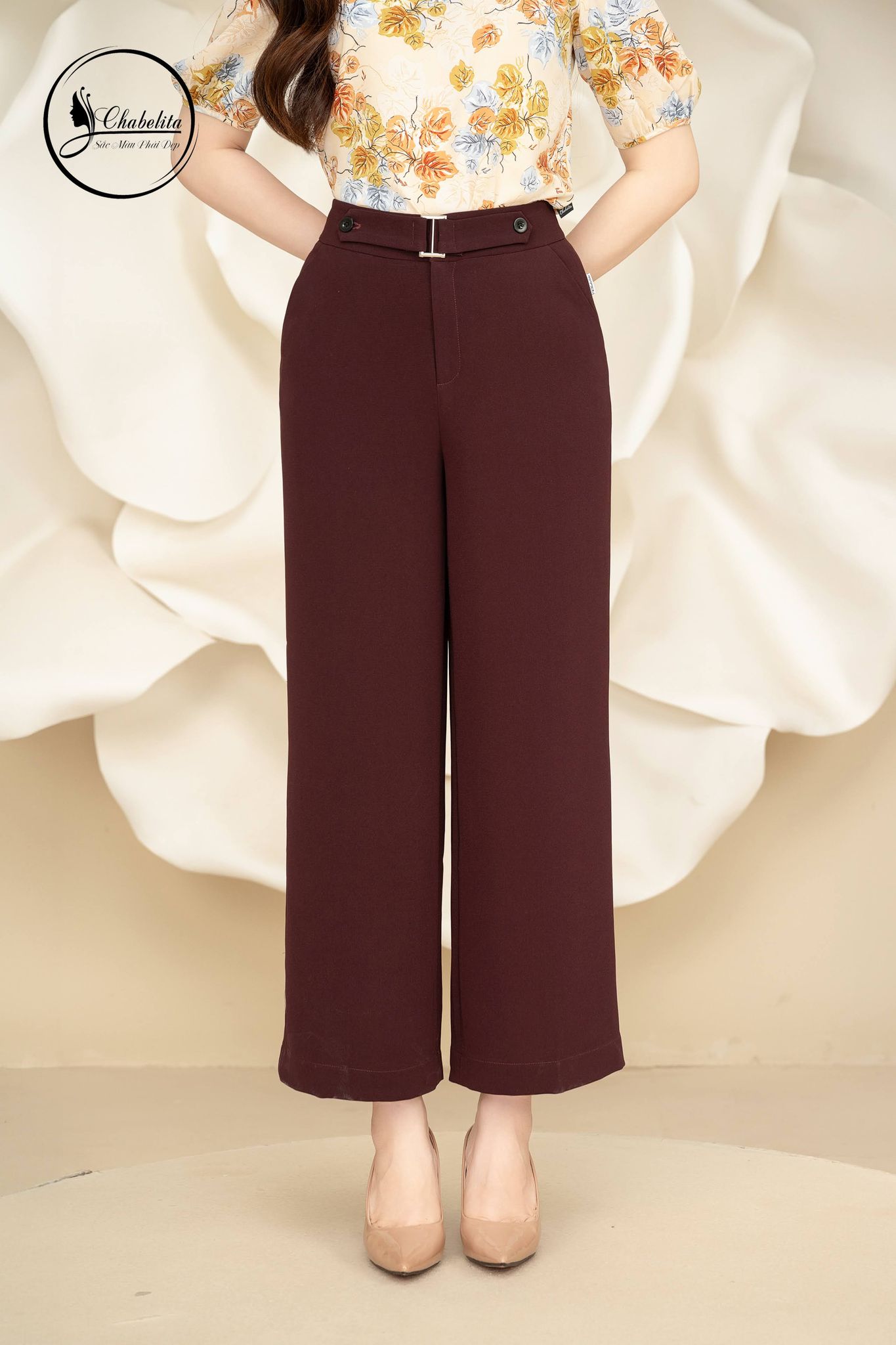 Quần suông cạp đích cúc màu rượu nho