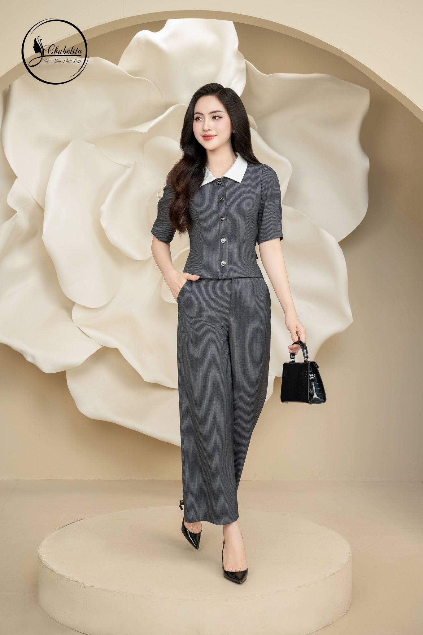 Sét bộ áo sơ mi tay lỡ phối cổ kẻ ghi