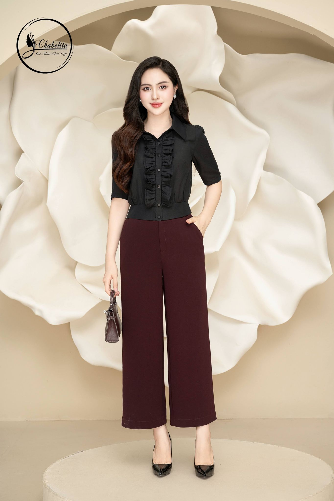 Quần suông cạp đích cúc màu rượu nho