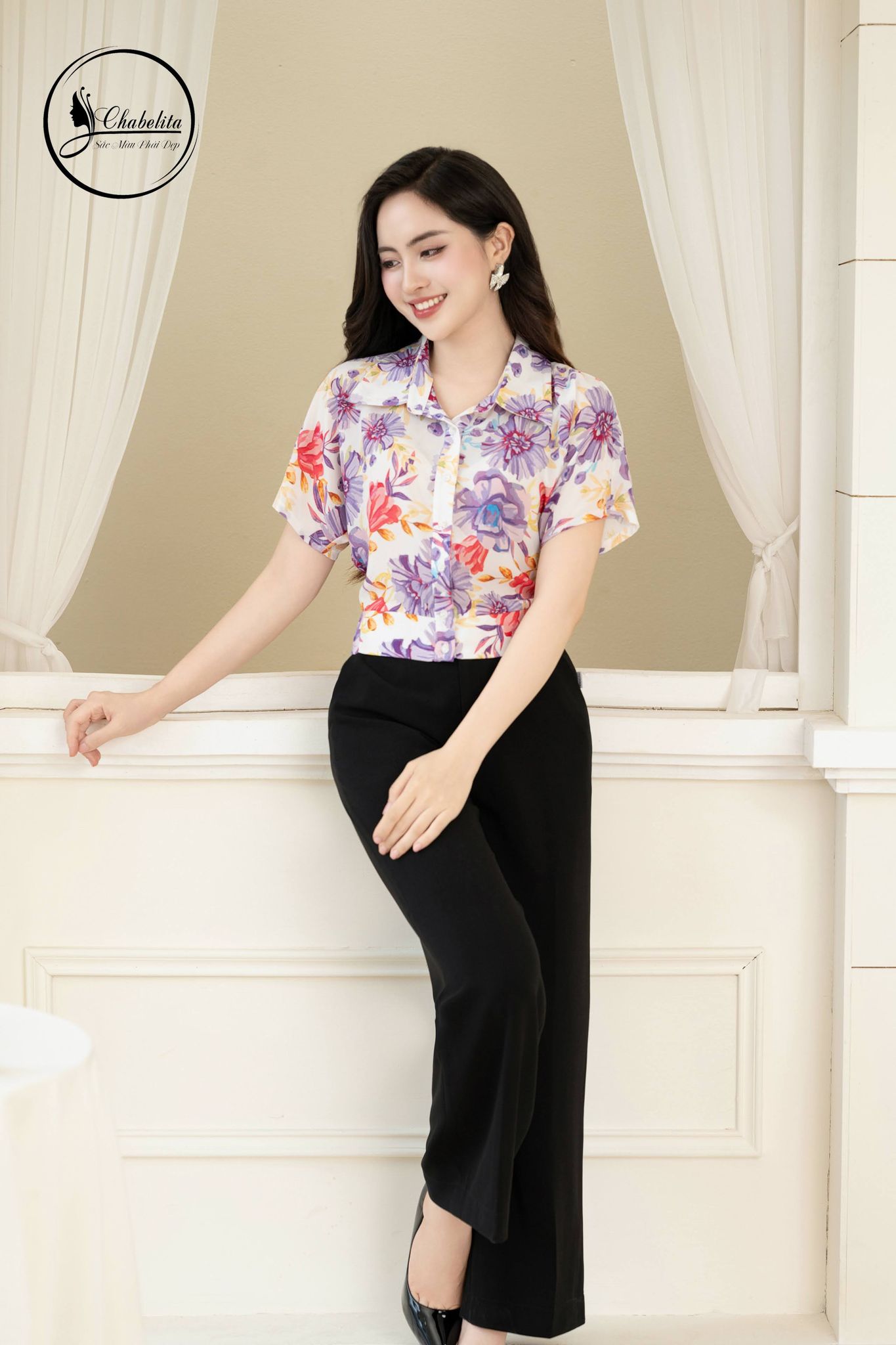 Áo sơ mi croptop cổ bẻ tay ngắn hoa tím